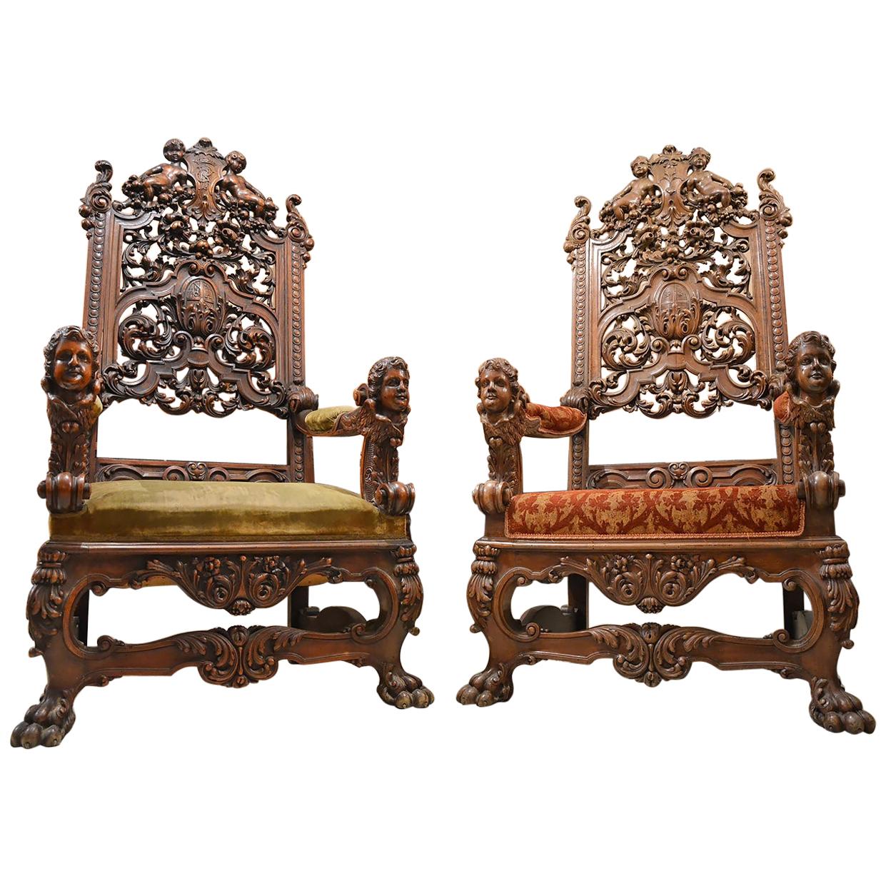 19th Century Baroque Revival Carved Walnut Armchair, Set of Two