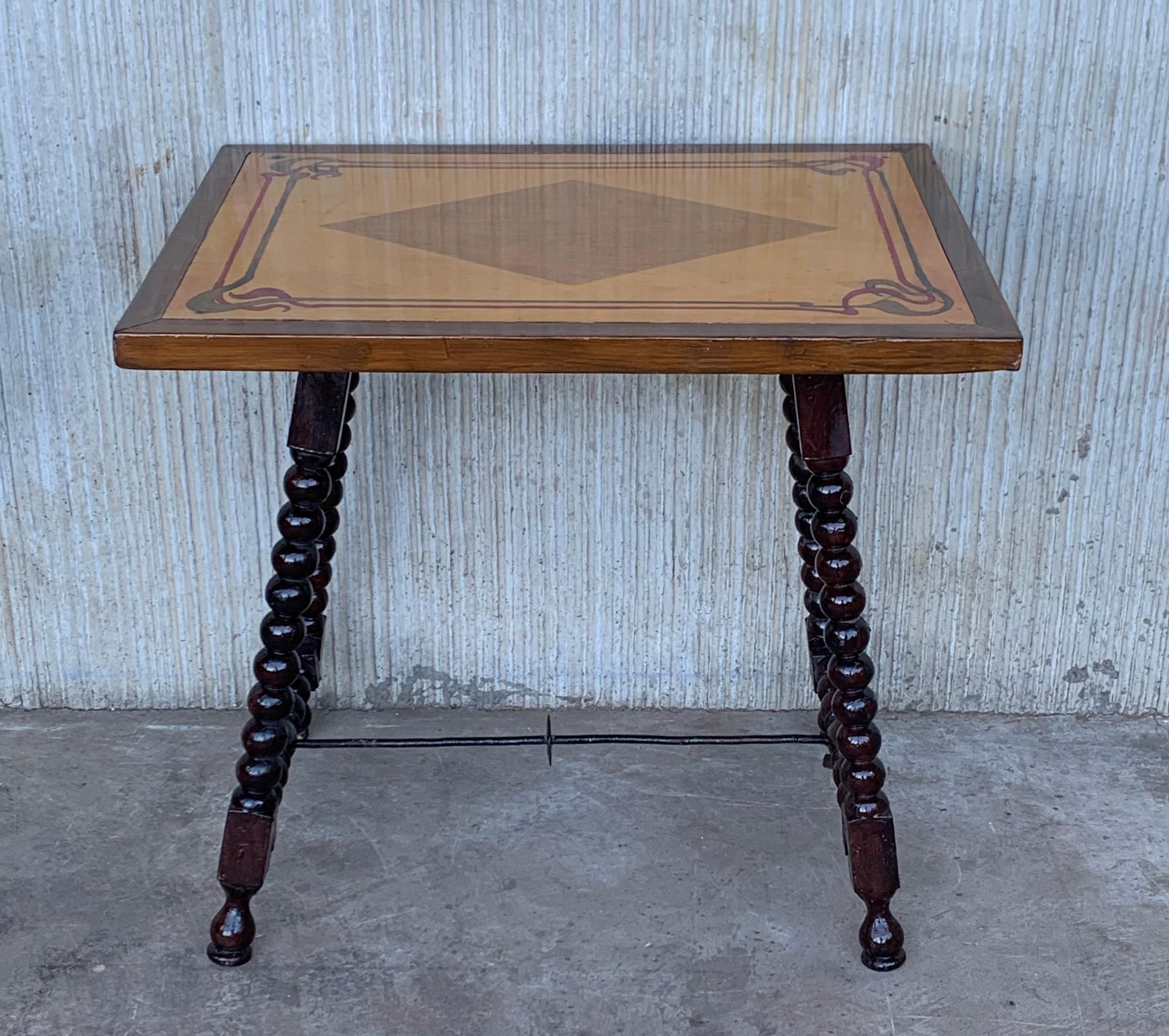 Wood 19th Century Baroque Spanish Side Table with Marquetry & Painted Top For Sale