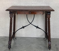 19th Century Baroque Spanish Side Table with Marquetry Top and drawer