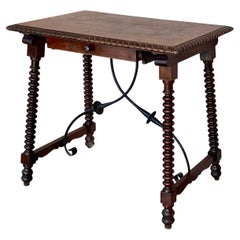 19th Century Baroque Spanish Side Table with Marquetry Top and drawer