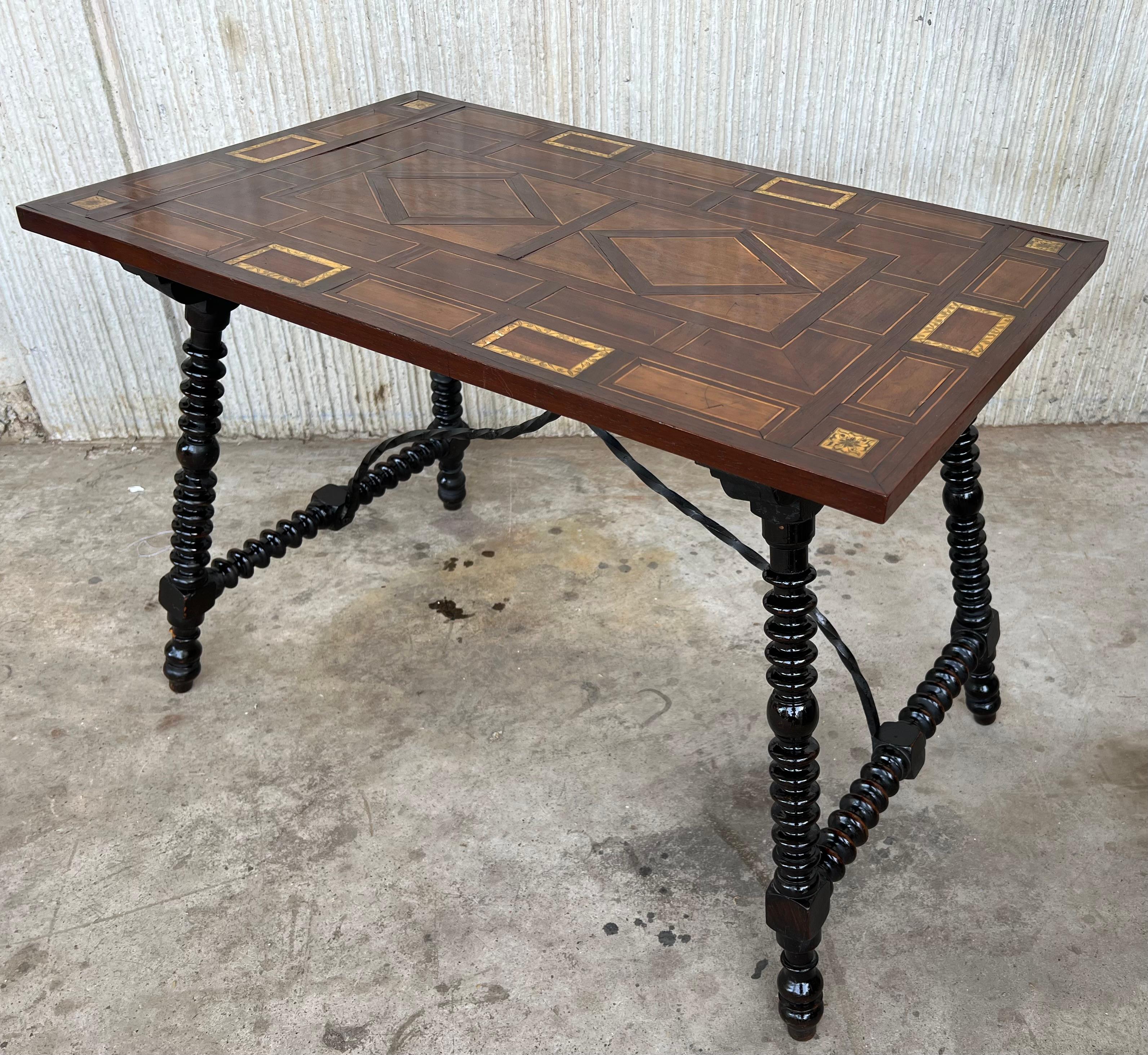 19th Century Baroque Spanish Side Table with Marquetry Top and Iron Stretcher  For Sale 6