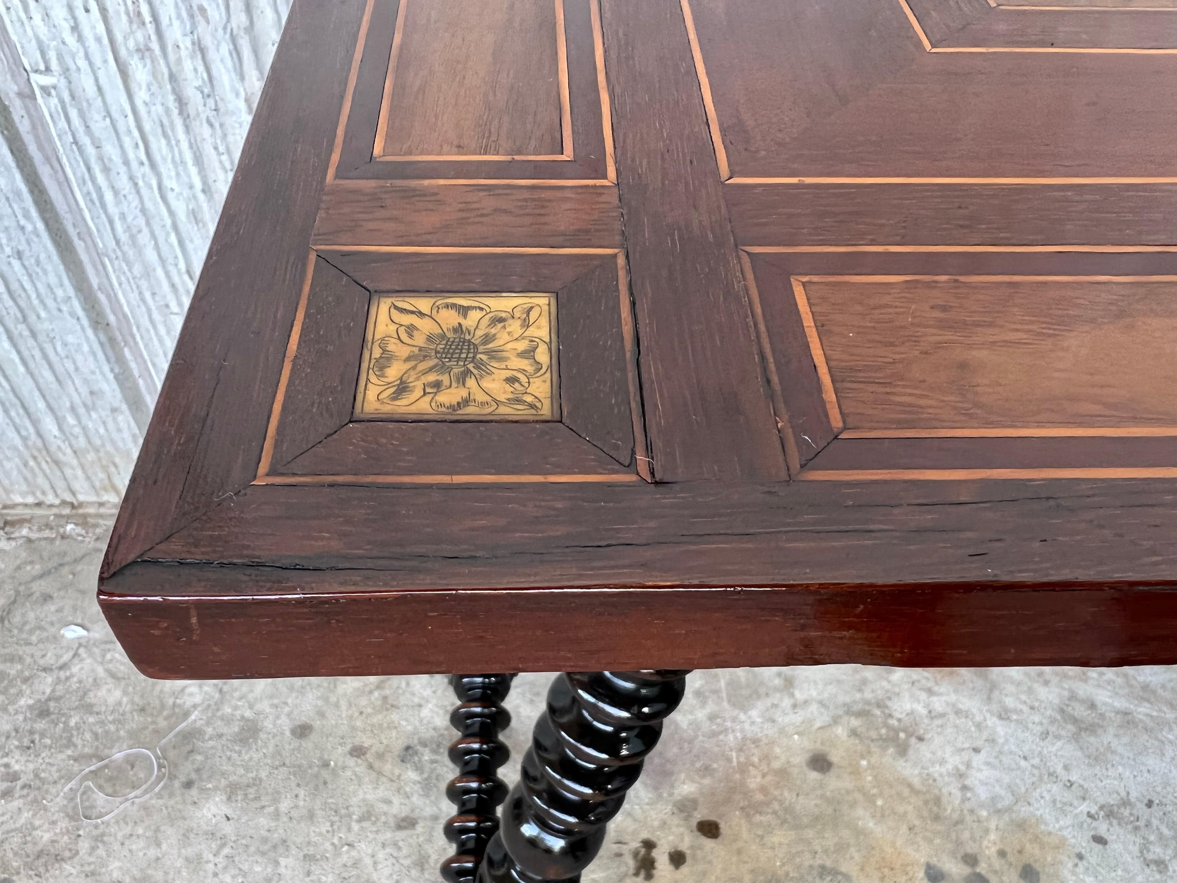 19th Century Baroque Spanish Side Table with Marquetry Top and Iron Stretcher  For Sale 8