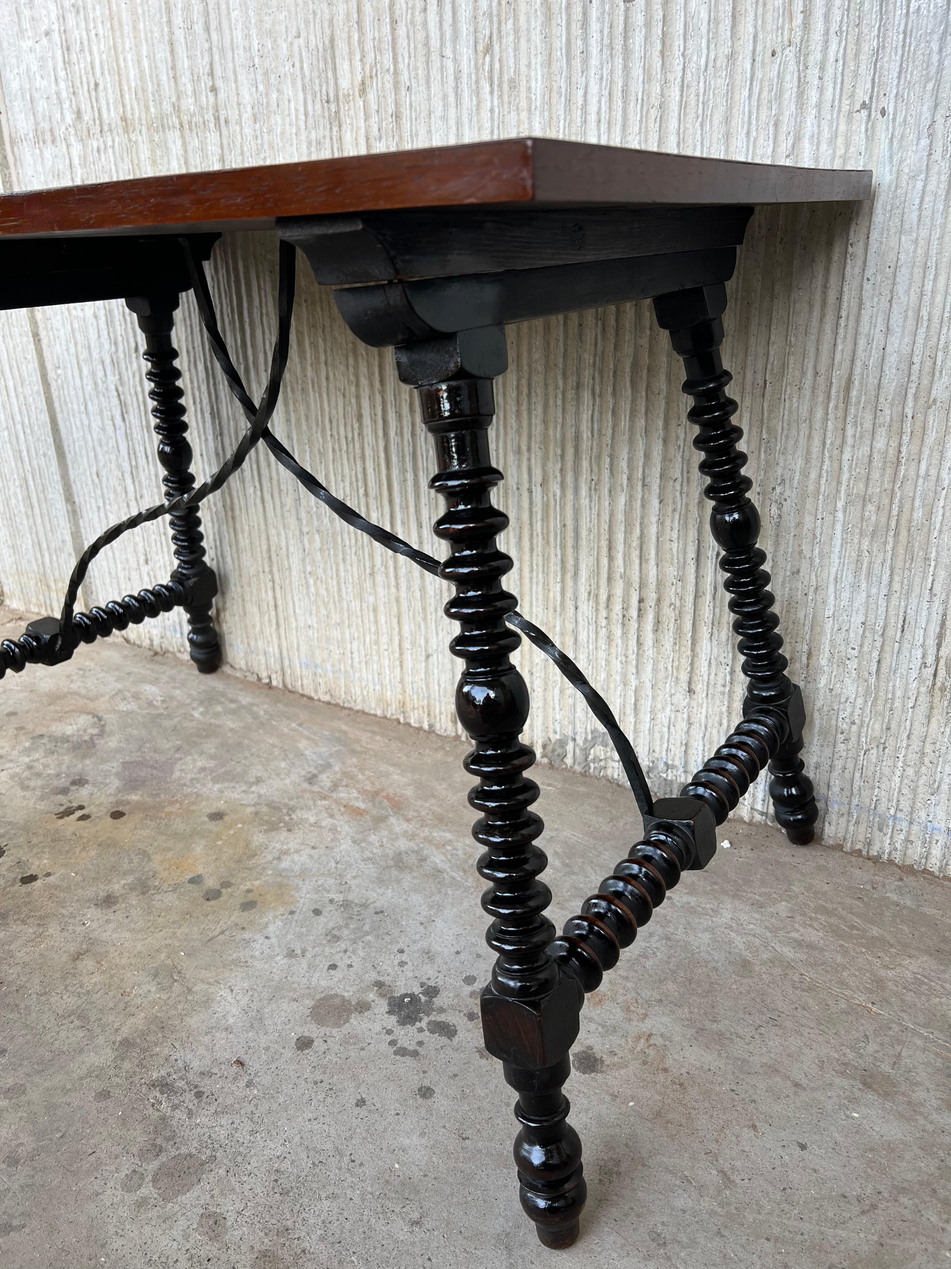 19th Century Baroque Spanish Side Table with Marquetry Top and Iron Stretcher  For Sale 11