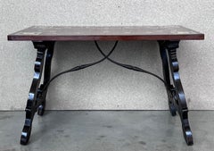 19th Century Baroque Spanish Side Table with Marquetry Top and Iron Stretcher