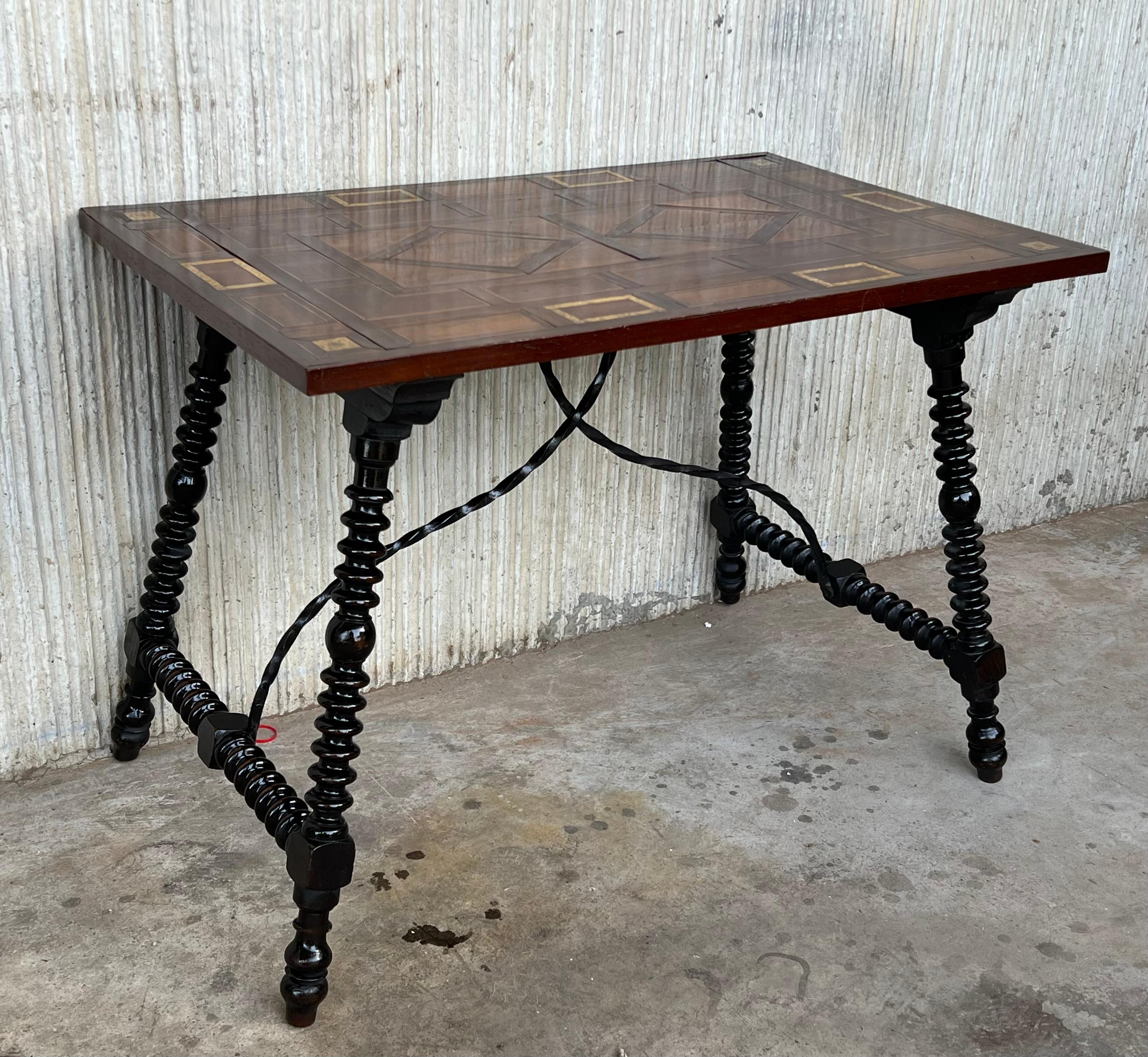 Wood 19th Century Baroque Spanish Side Table with Marquetry Top and Iron Stretcher  For Sale