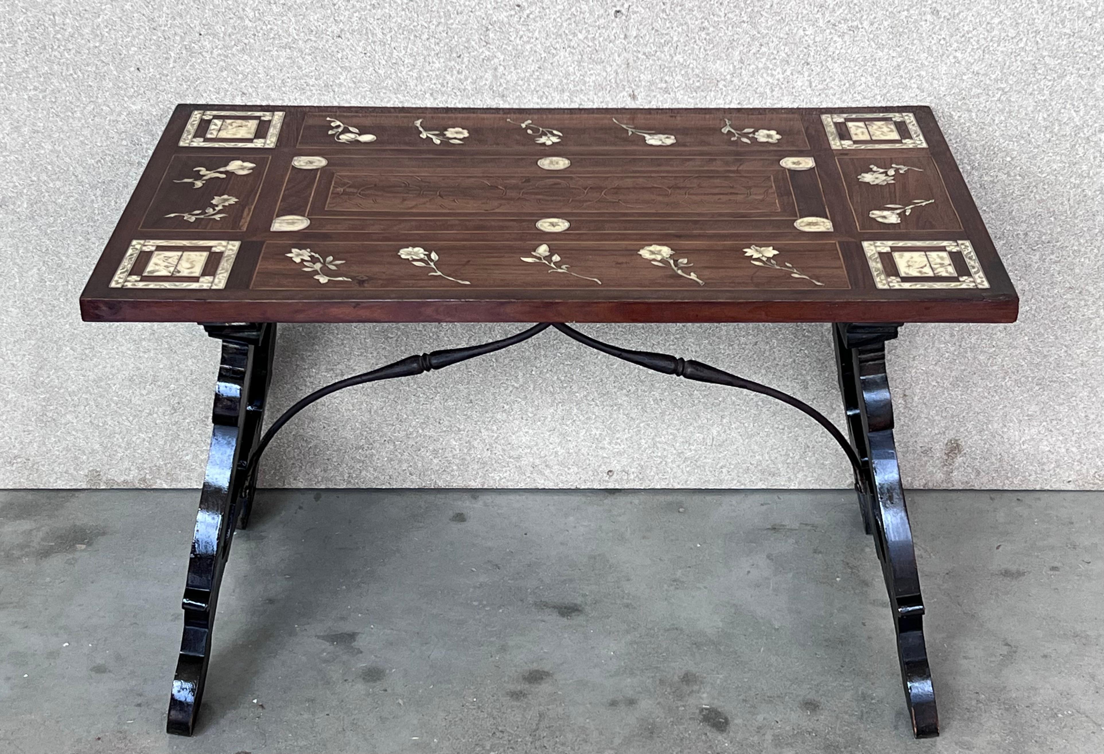 Wood 19th Century Baroque Spanish Side Table with Marquetry Top and Iron Stretcher For Sale