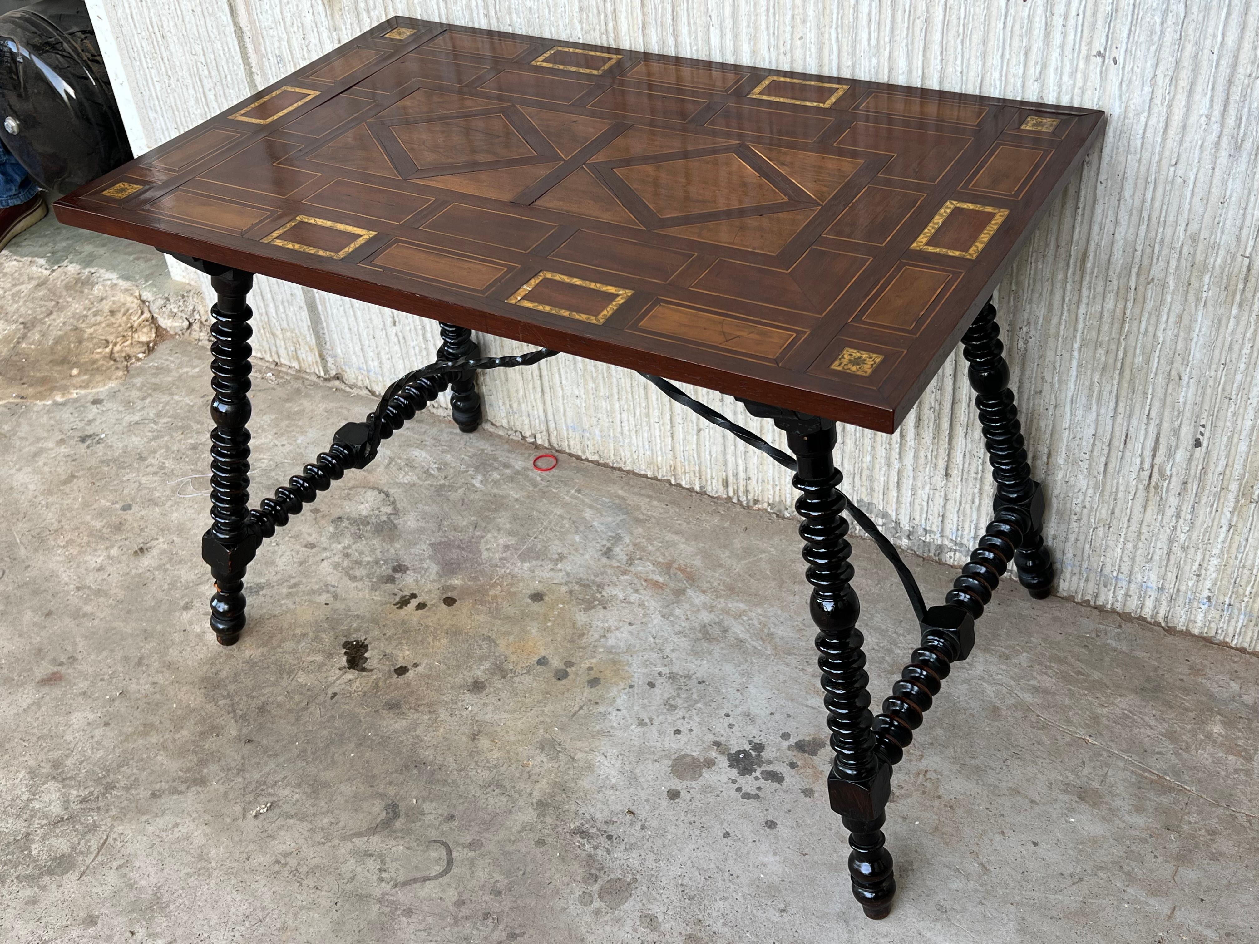 19th Century Baroque Spanish Side Table with Marquetry Top and Iron Stretcher  For Sale 1