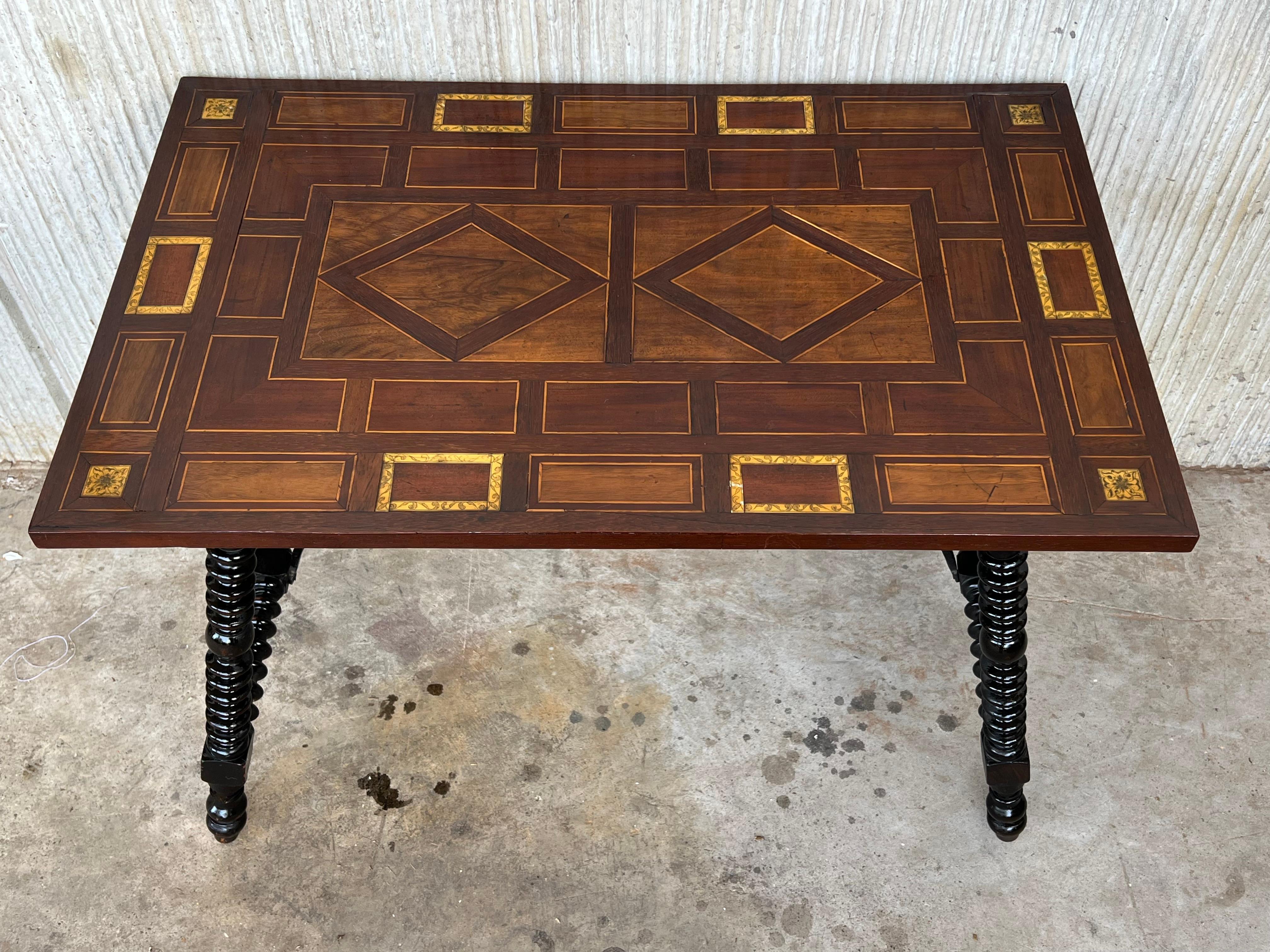 19th Century Baroque Spanish Side Table with Marquetry Top and Iron Stretcher  For Sale 2