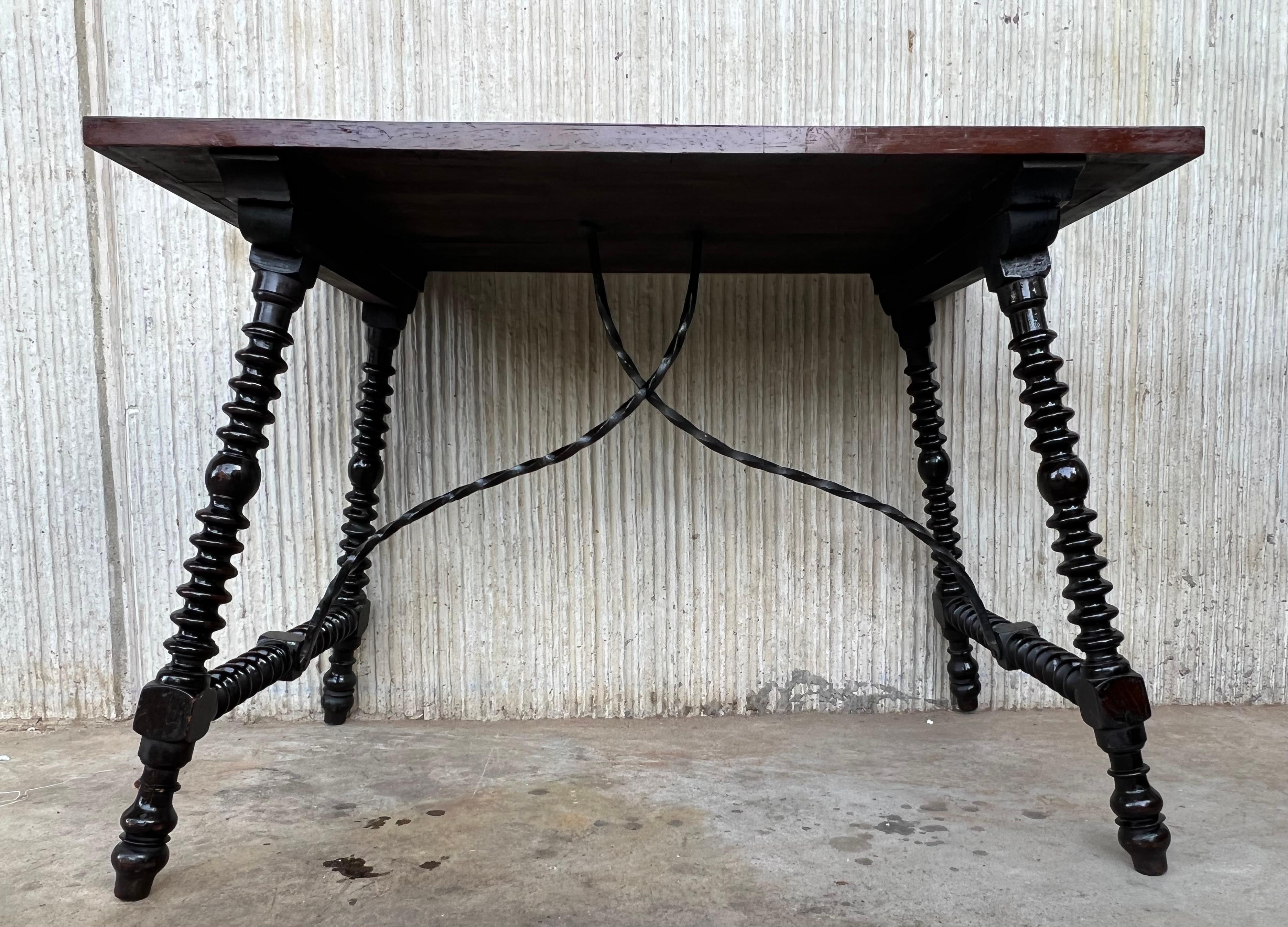 19th Century Baroque Spanish Side Table with Marquetry Top and Iron Stretcher  For Sale 3