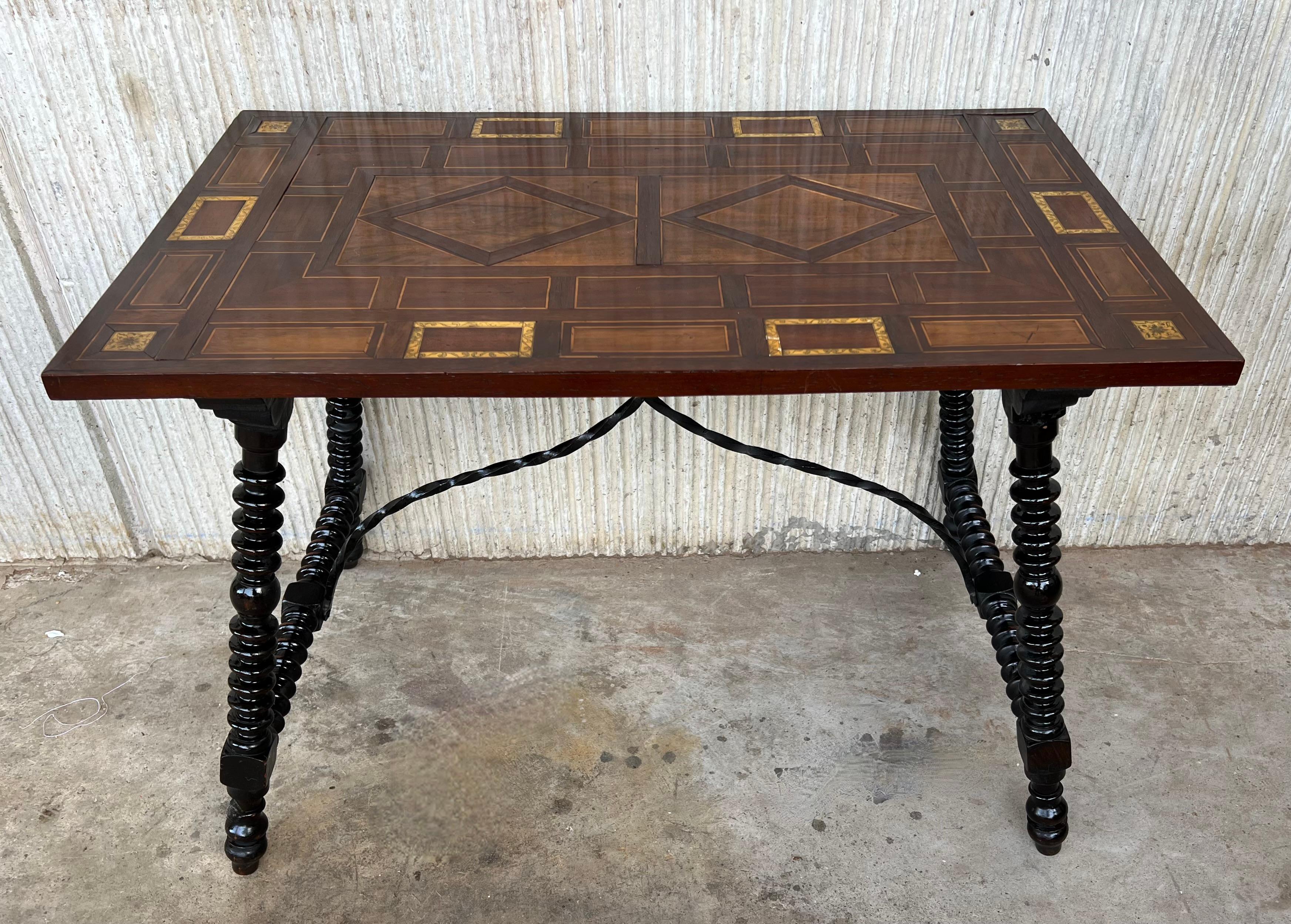 19th Century Baroque Spanish Side Table with Marquetry Top and Iron Stretcher  For Sale 4