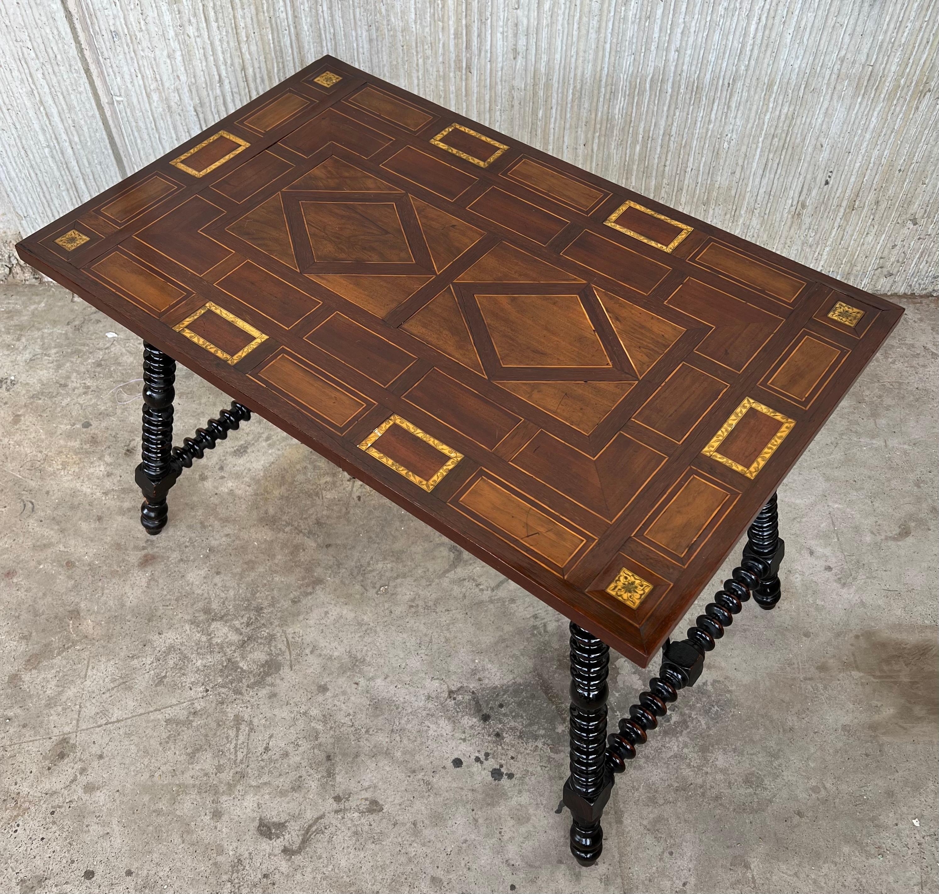 19th Century Baroque Spanish Side Table with Marquetry Top and Iron Stretcher  For Sale 5