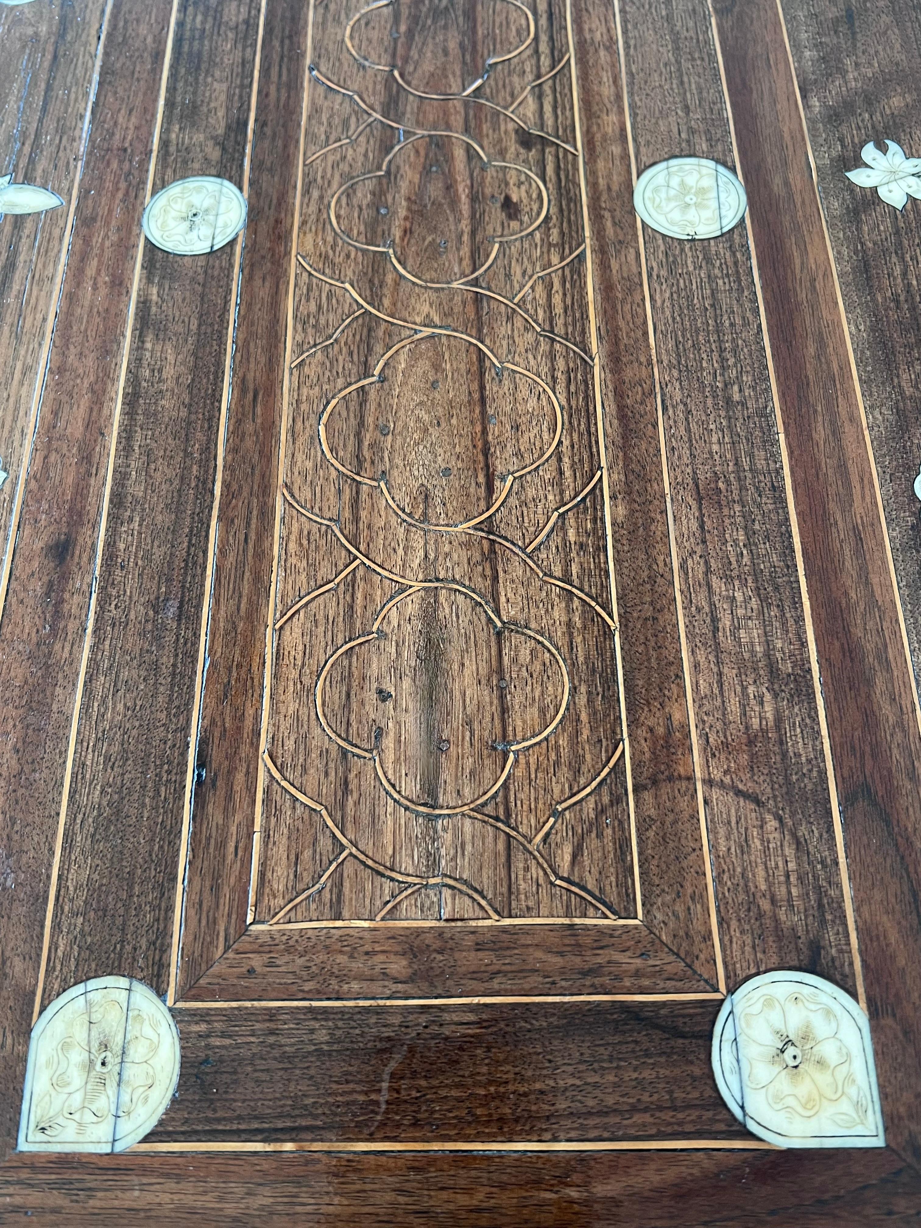 19th Century Baroque Spanish Side Table with Marquetry Top and Iron Stretcher For Sale 5