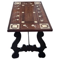 19th Century Baroque Spanish Side Table with Marquetry Top and Iron Stretcher