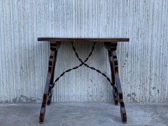 19th Century Baroque Spanish Side Table with Marquetry Top and Lyre Carved Legs
