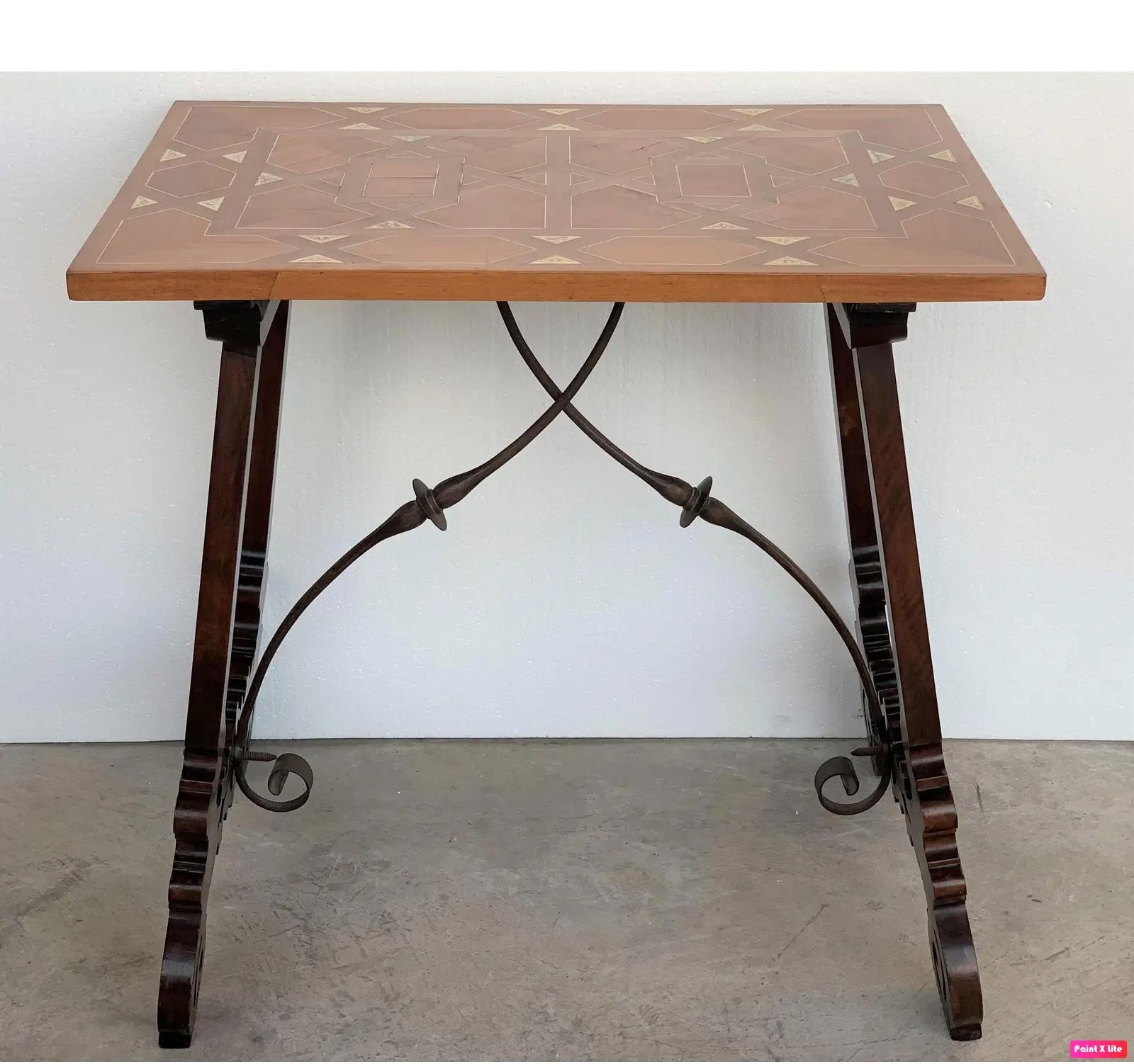 Walnut 19th Century Baroque Spanish Side Table with Marquetry Top and Lyre Carved Legs For Sale