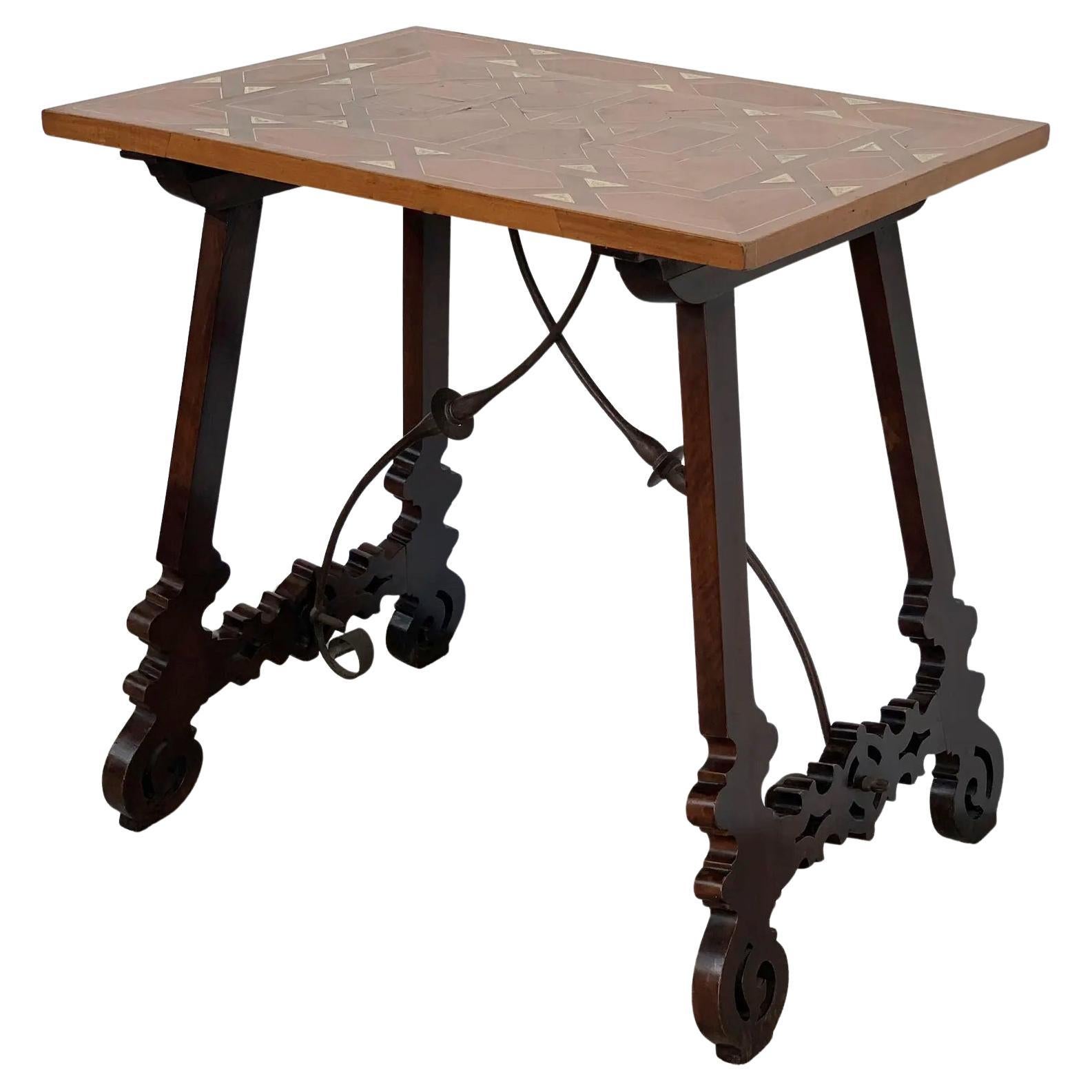 19th Century Baroque Spanish Side Table with Marquetry Top and Lyre Carved Legs For Sale