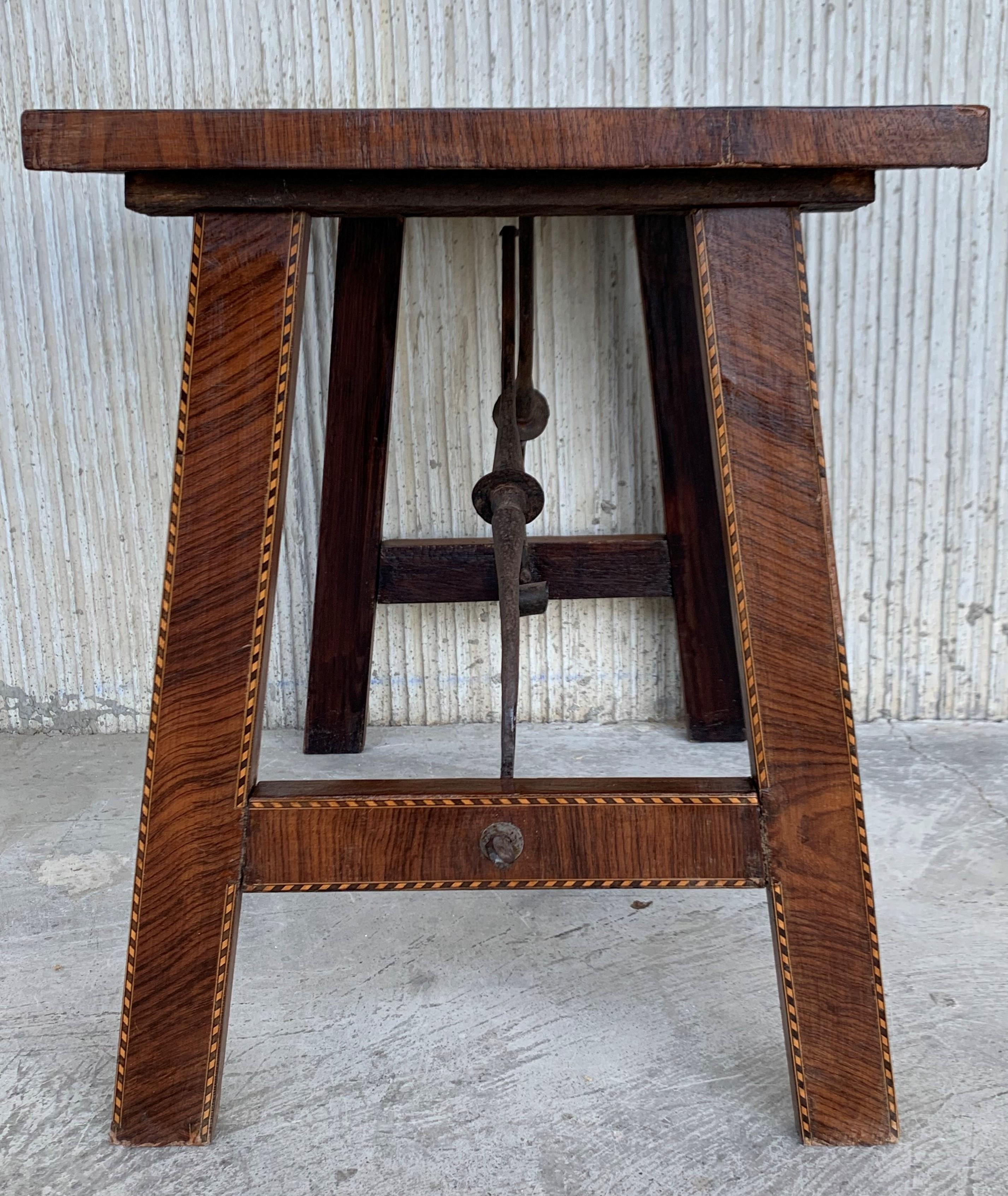 Carved 19th Century Baroque Spanish Side Table with Marquetry Top and Legs