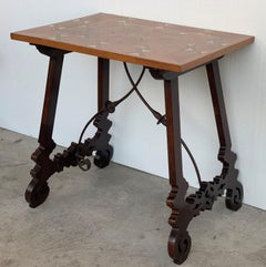 19th Century Baroque Spanish Side Table with Marquetry Top and Lyre Carved Legs