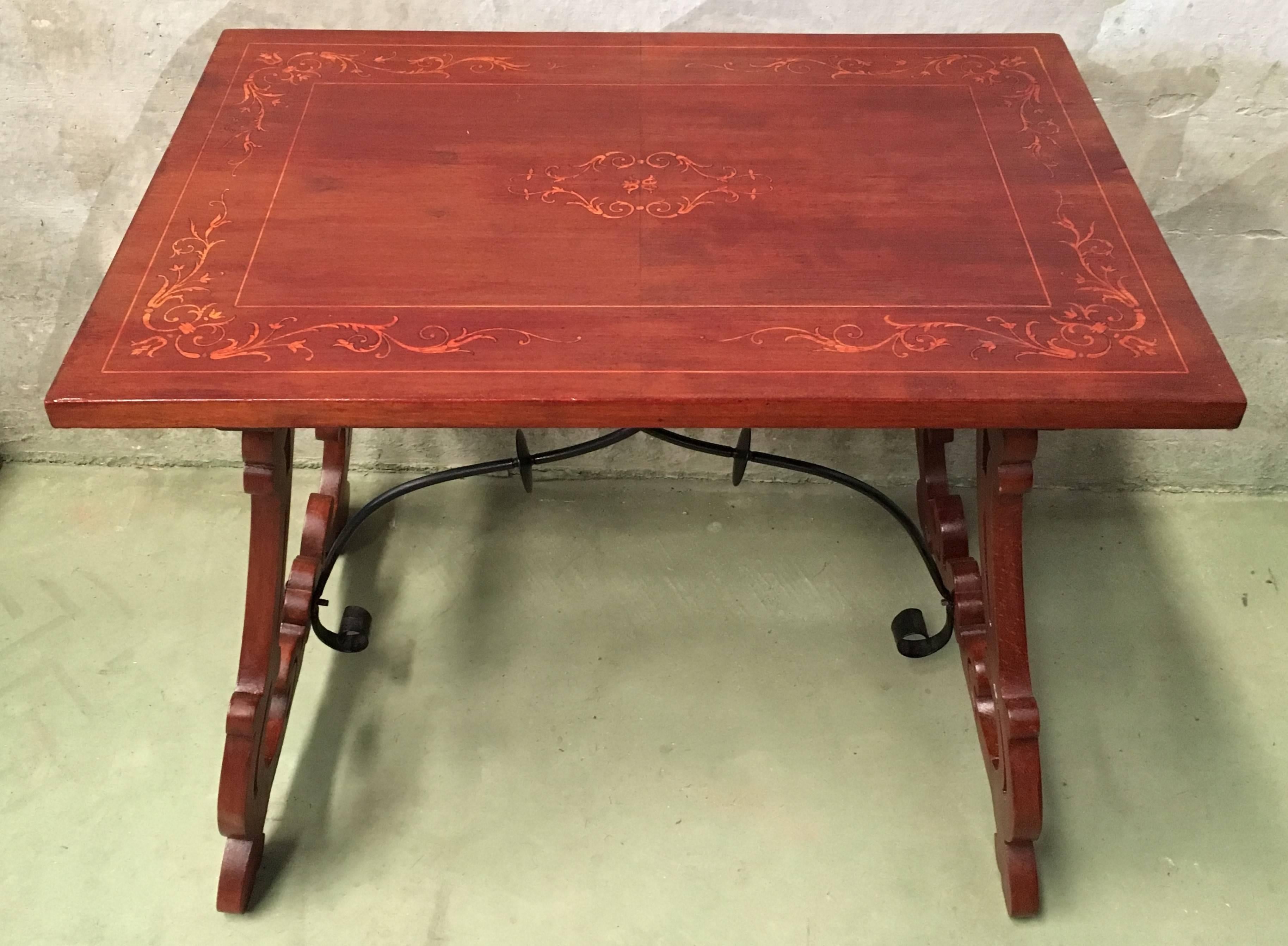 Spanish Colonial 19th Century Baroque Spanish Side Table with Marquetry Top & Lyre Legs For Sale