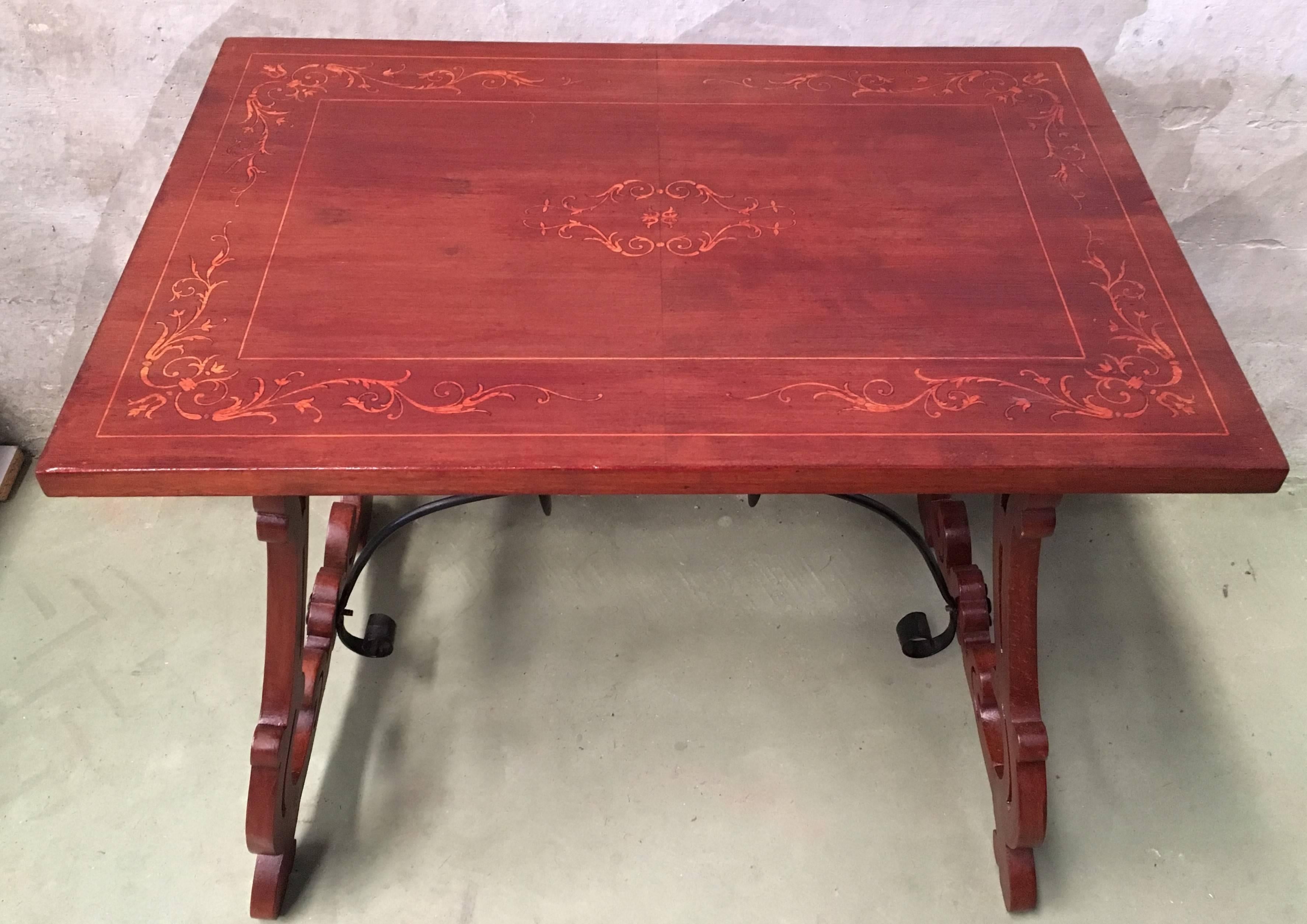 Carved 19th Century Baroque Spanish Side Table with Marquetry Top & Lyre Legs For Sale