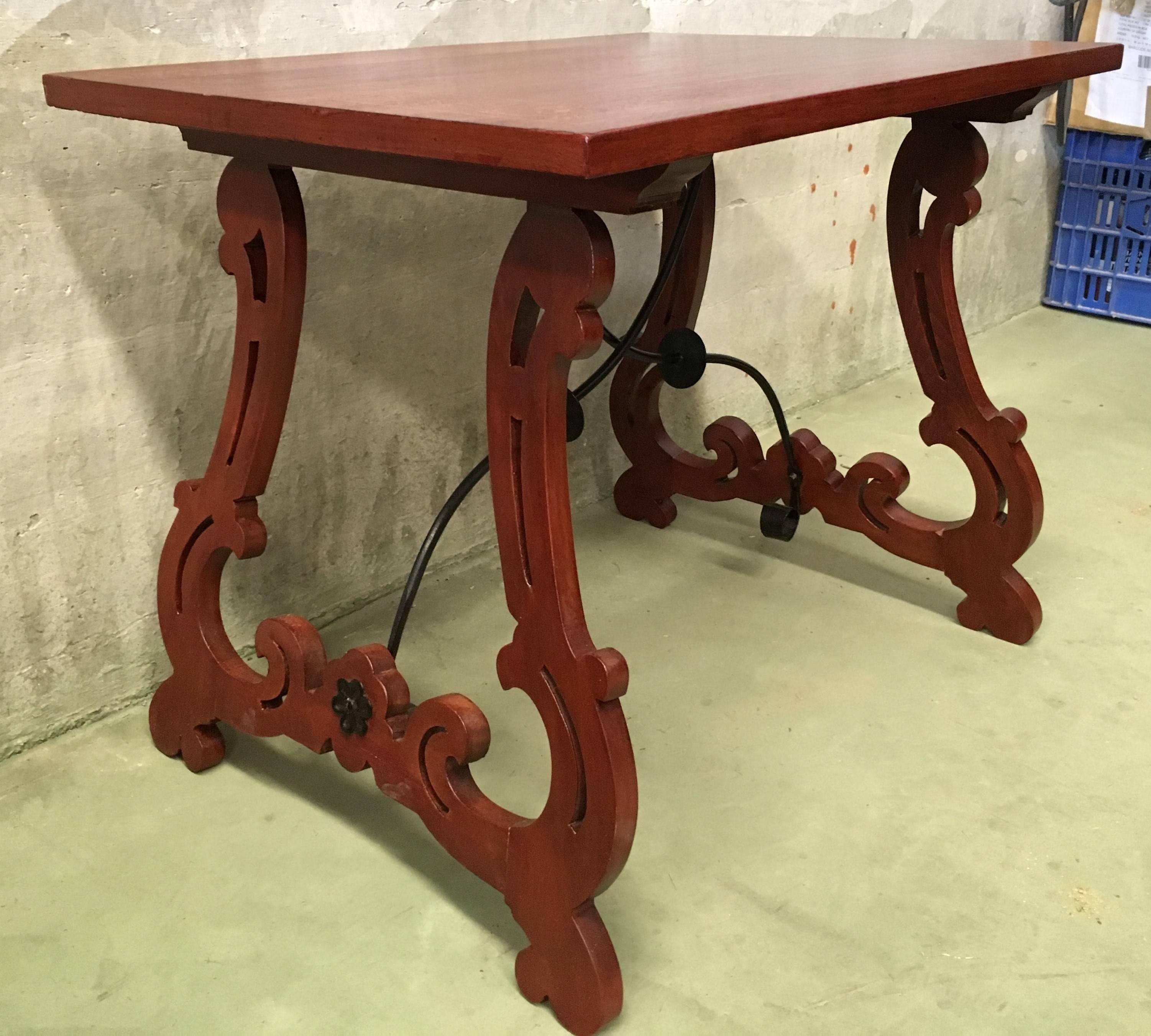 Mahogany 19th Century Baroque Spanish Side Table with Marquetry Top & Lyre Legs For Sale