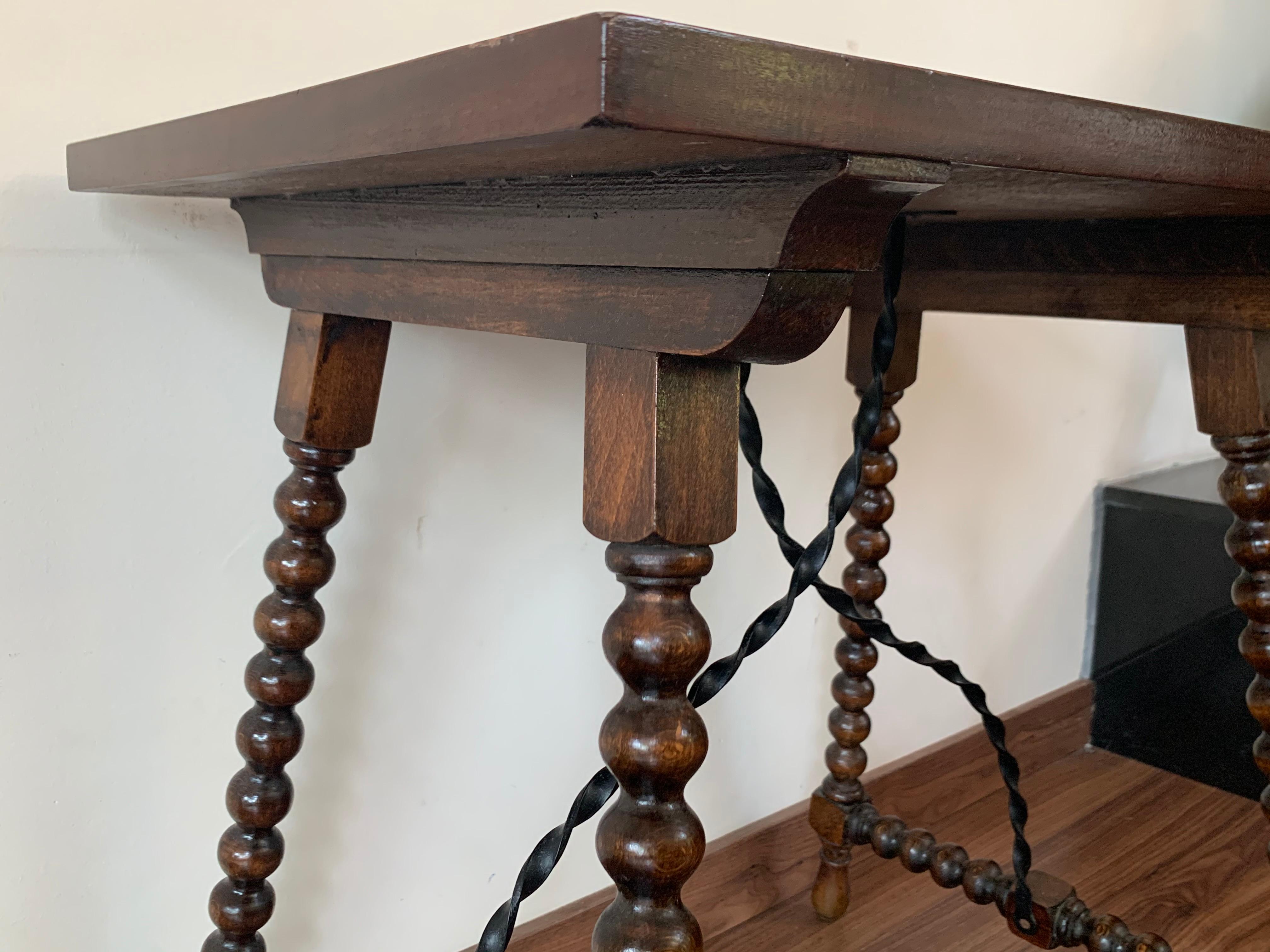 19th Century Baroque Spanish Side Table with Marquetry Top & Turned Legs 6