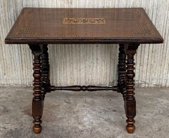 19th Century Baroque Spanish Side Table with Marquetry Top & Turned Legs
