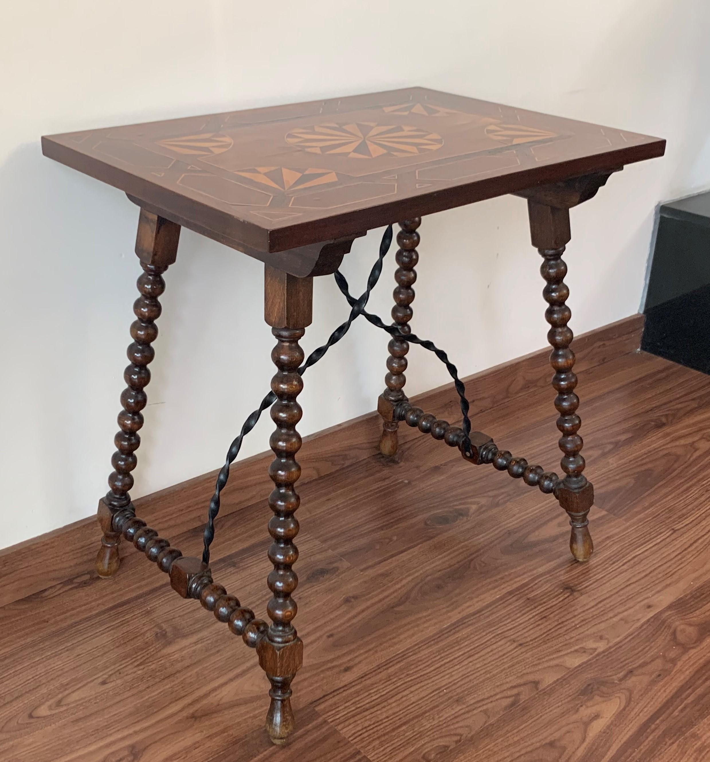 19th Century Baroque Spanish Side Table with Marquetry Top & Turned Legs In Good Condition In Miami, FL