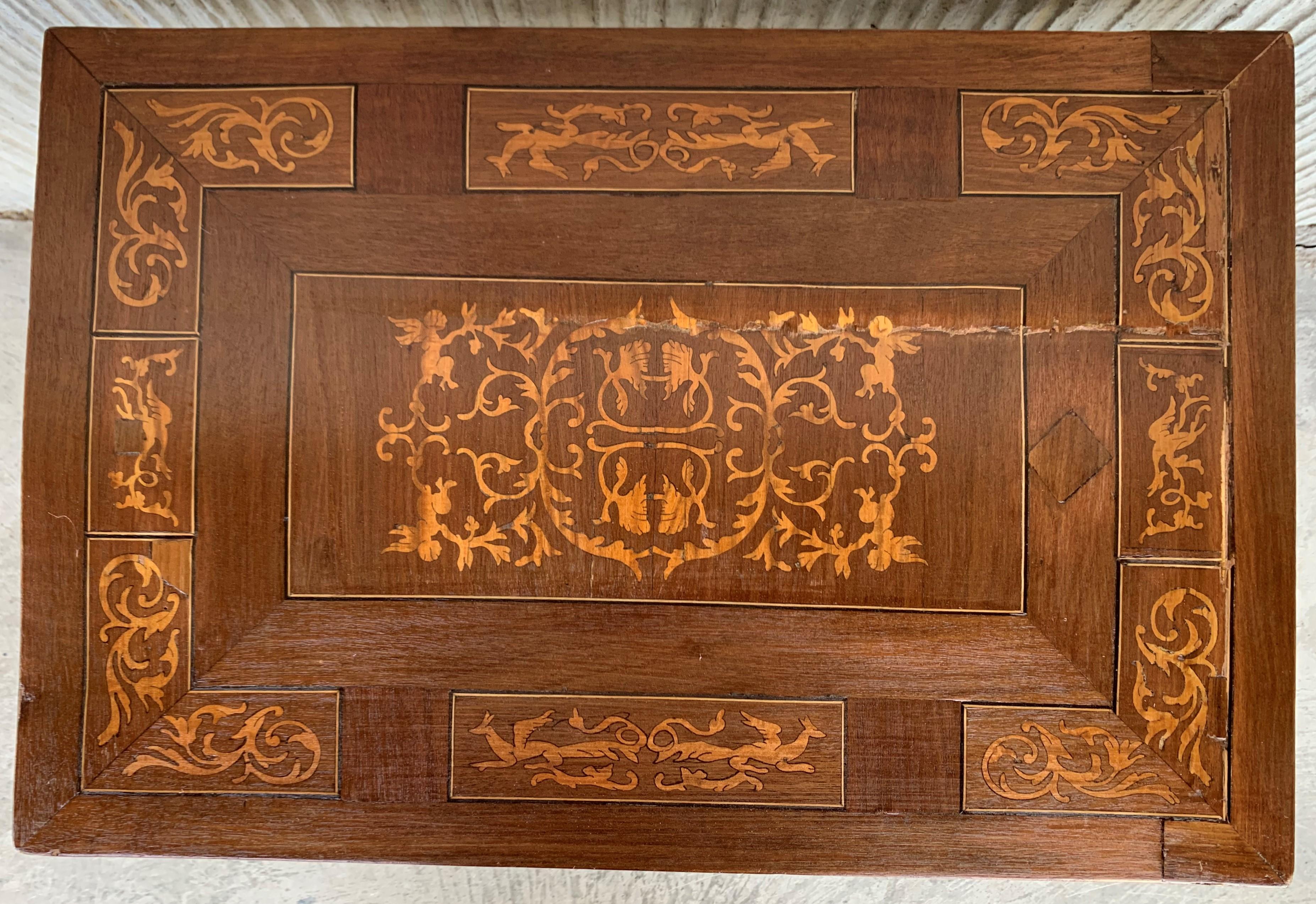 Wood 19th Century Baroque Spanish Side Table with Marquetry Top & Turned Legs For Sale