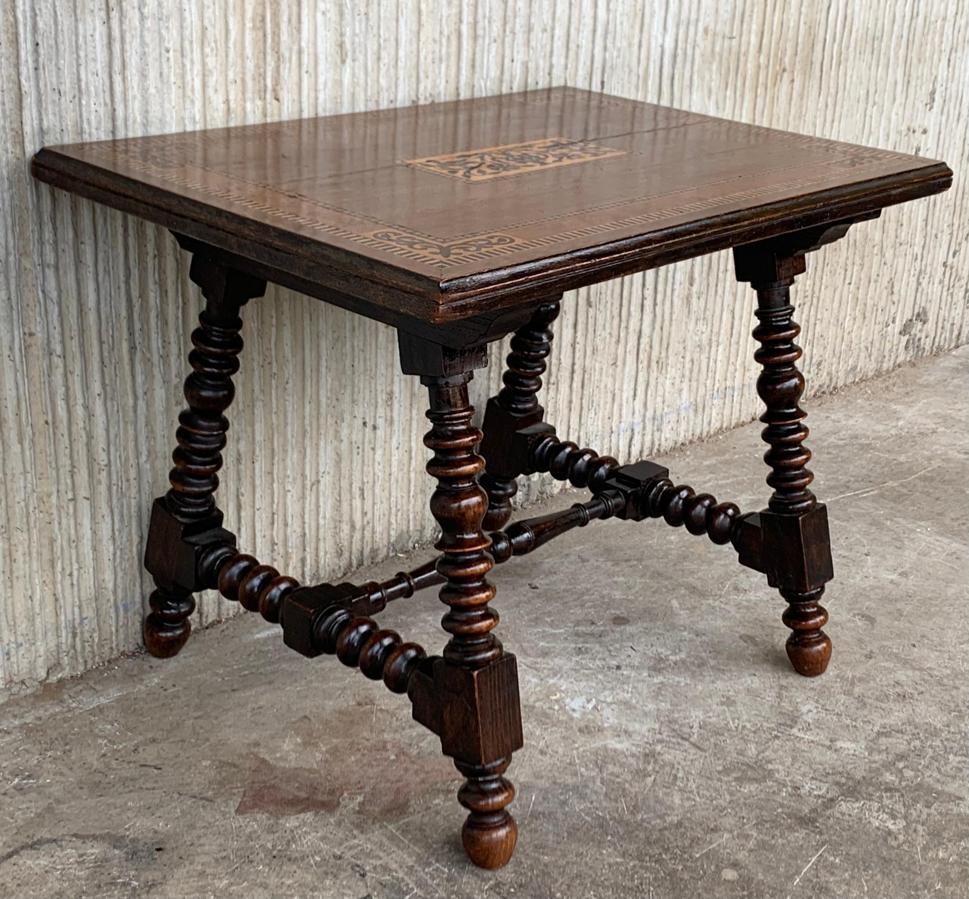 Fruitwood 19th Century Baroque Spanish Side Table with Marquetry Top & Turned Legs For Sale