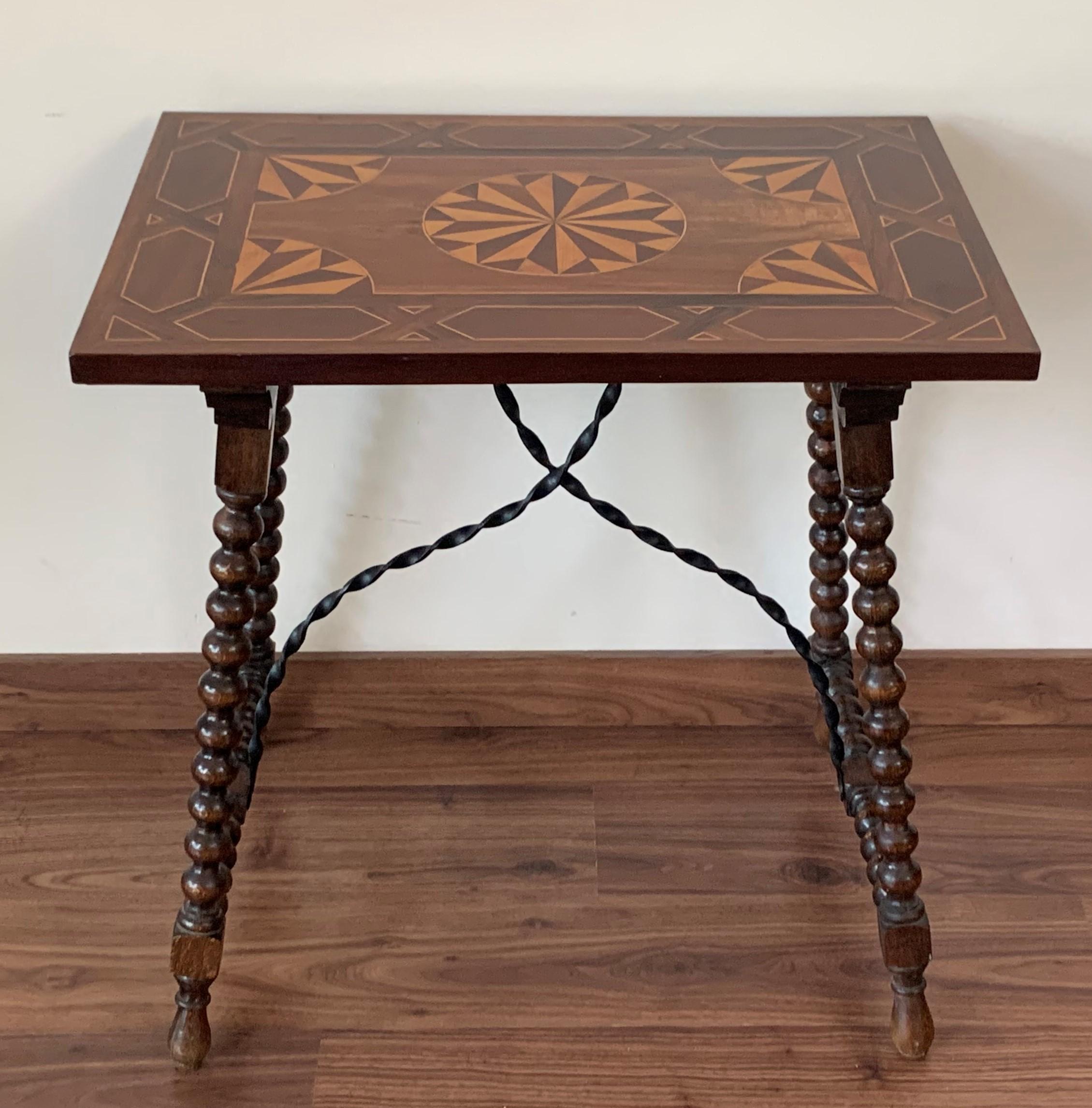 Fruitwood 19th Century Baroque Spanish Side Table with Marquetry Top & Turned Legs
