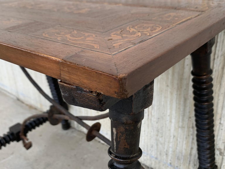 19th Century Baroque Spanish Side Table with Marquetry Top & Turned Legs For Sale 2