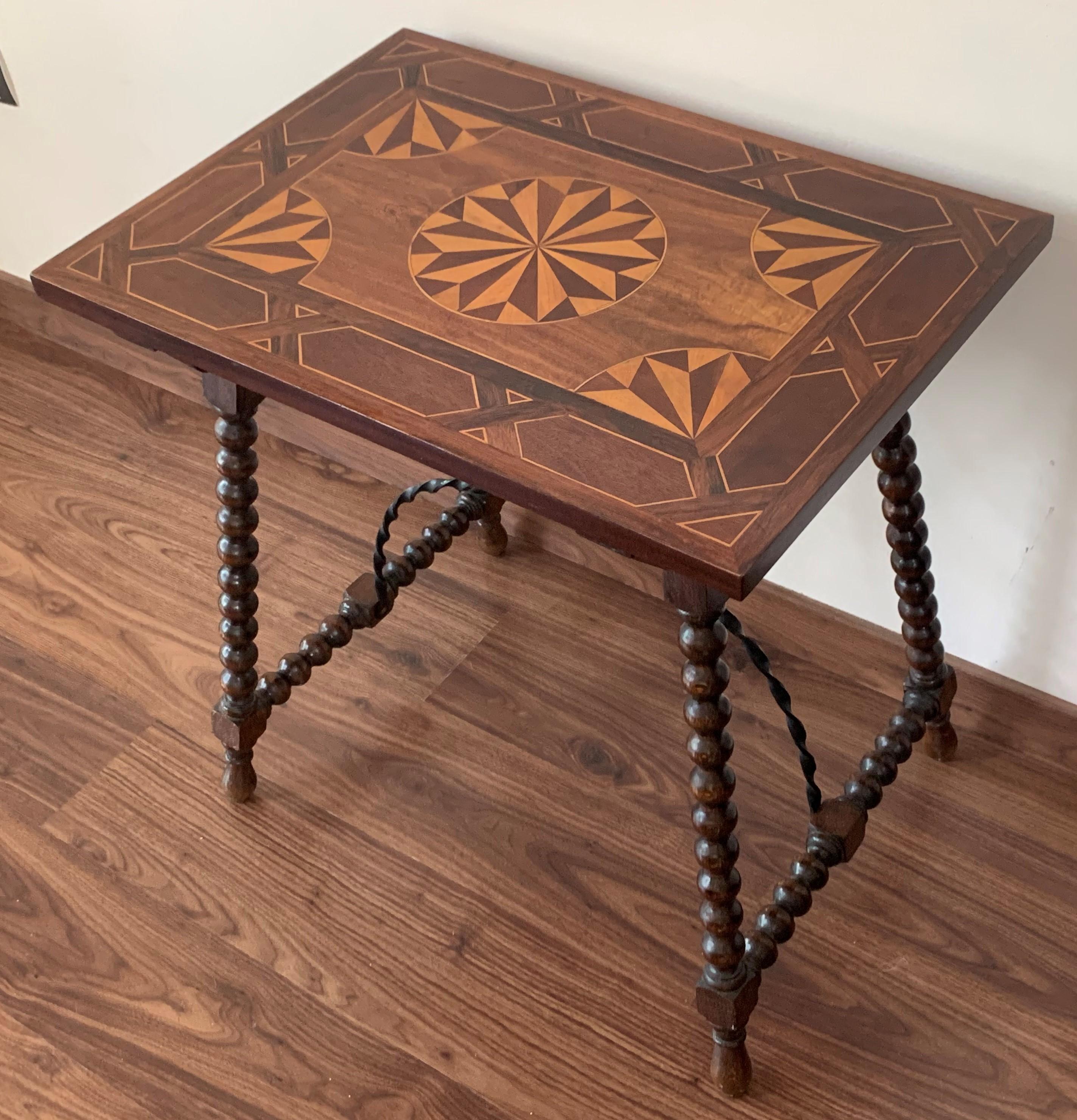 19th Century Baroque Spanish Side Table with Marquetry Top & Turned Legs 1
