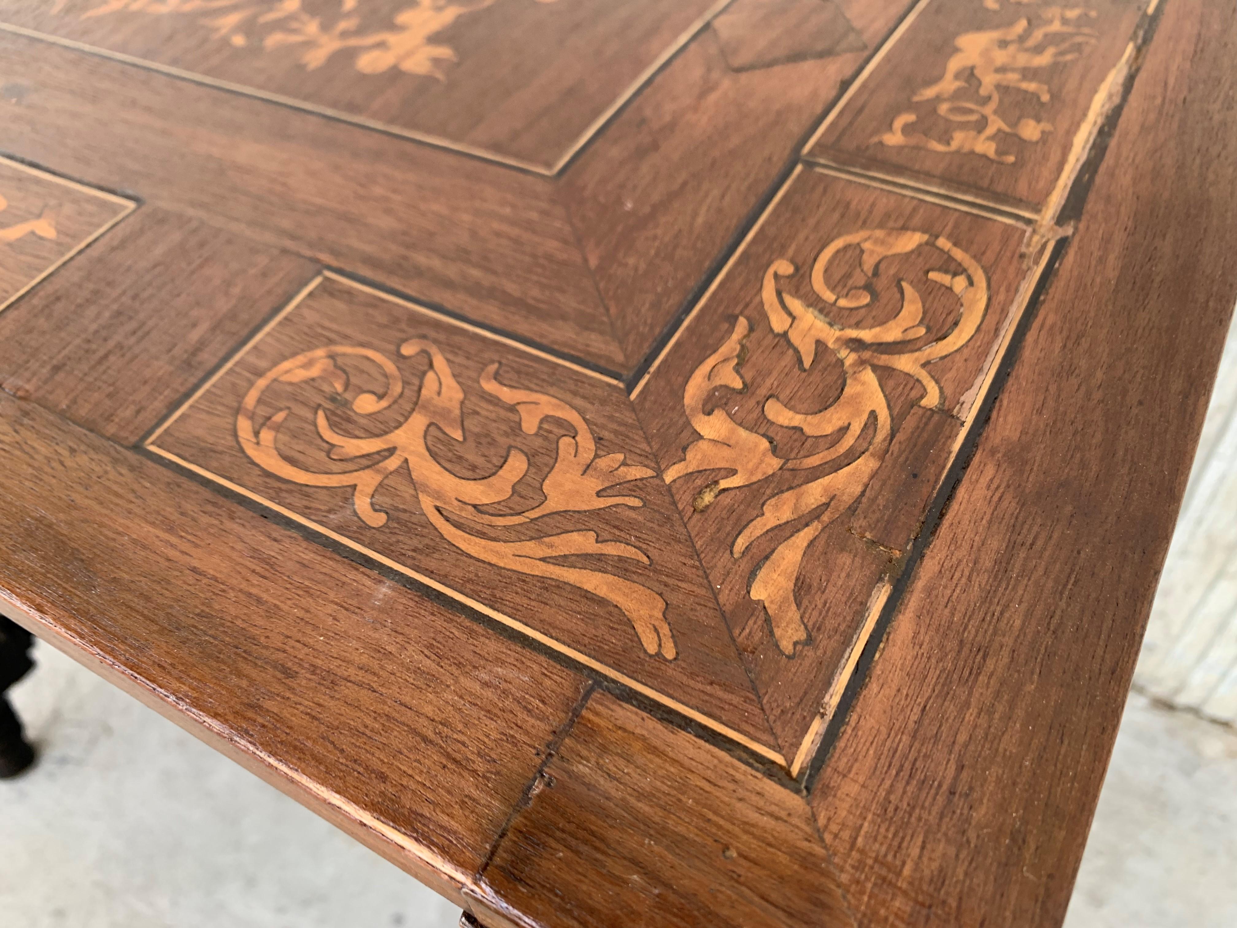 19th Century Baroque Spanish Side Table with Marquetry Top & Turned Legs For Sale 3