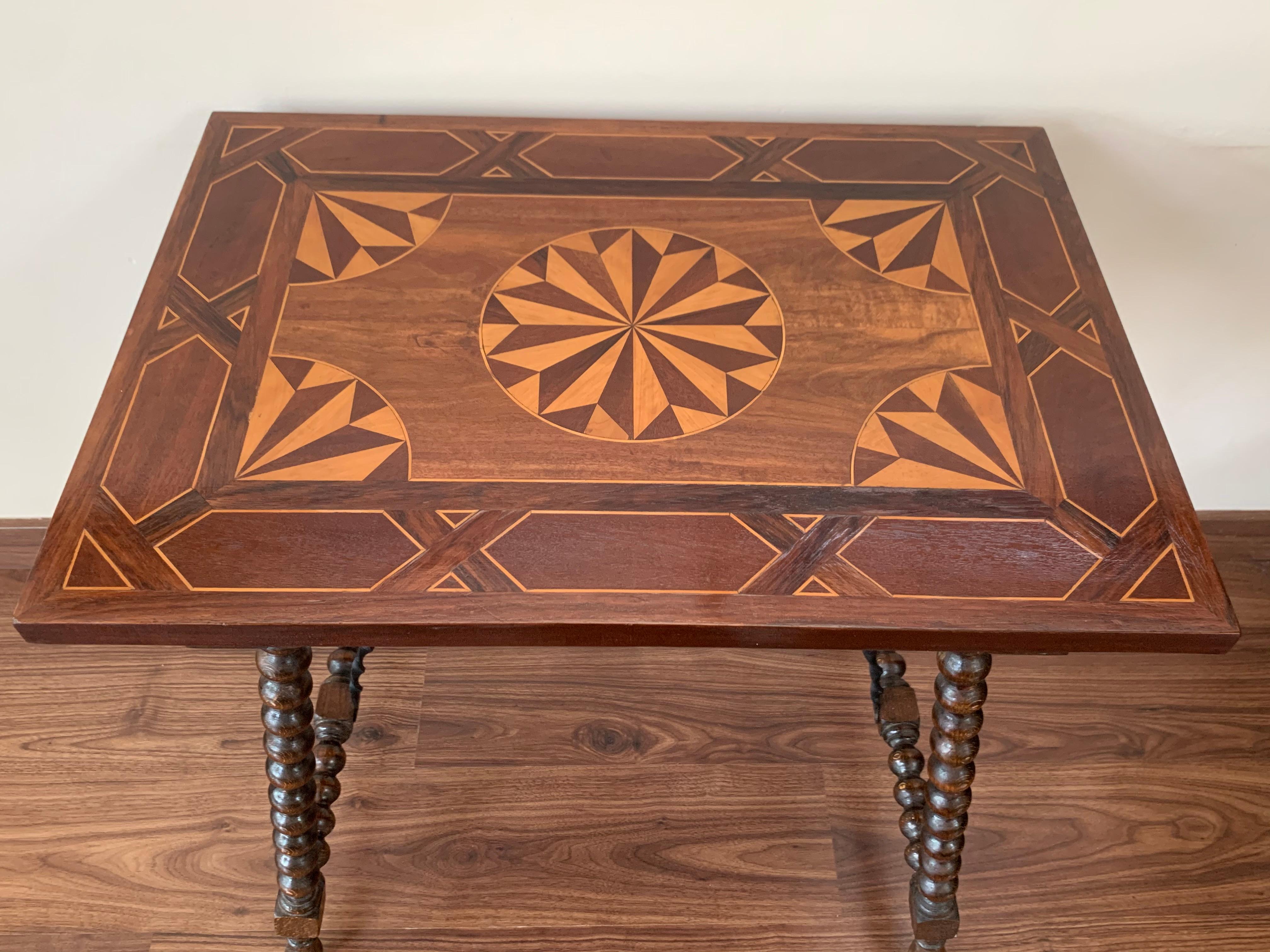 19th Century Baroque Spanish Side Table with Marquetry Top & Turned Legs 2