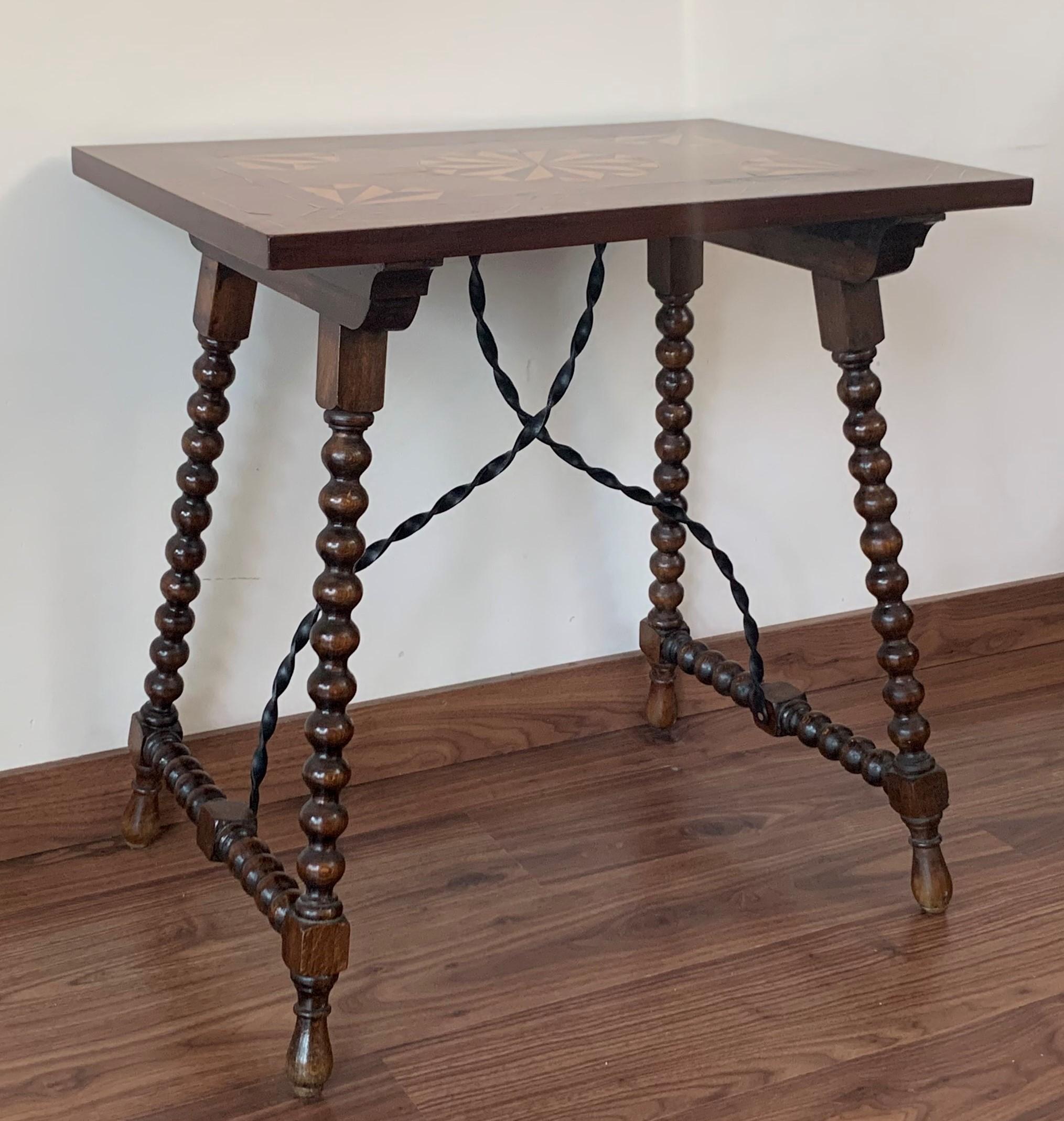 19th Century Baroque Spanish Side Table with Marquetry Top & Turned Legs 4