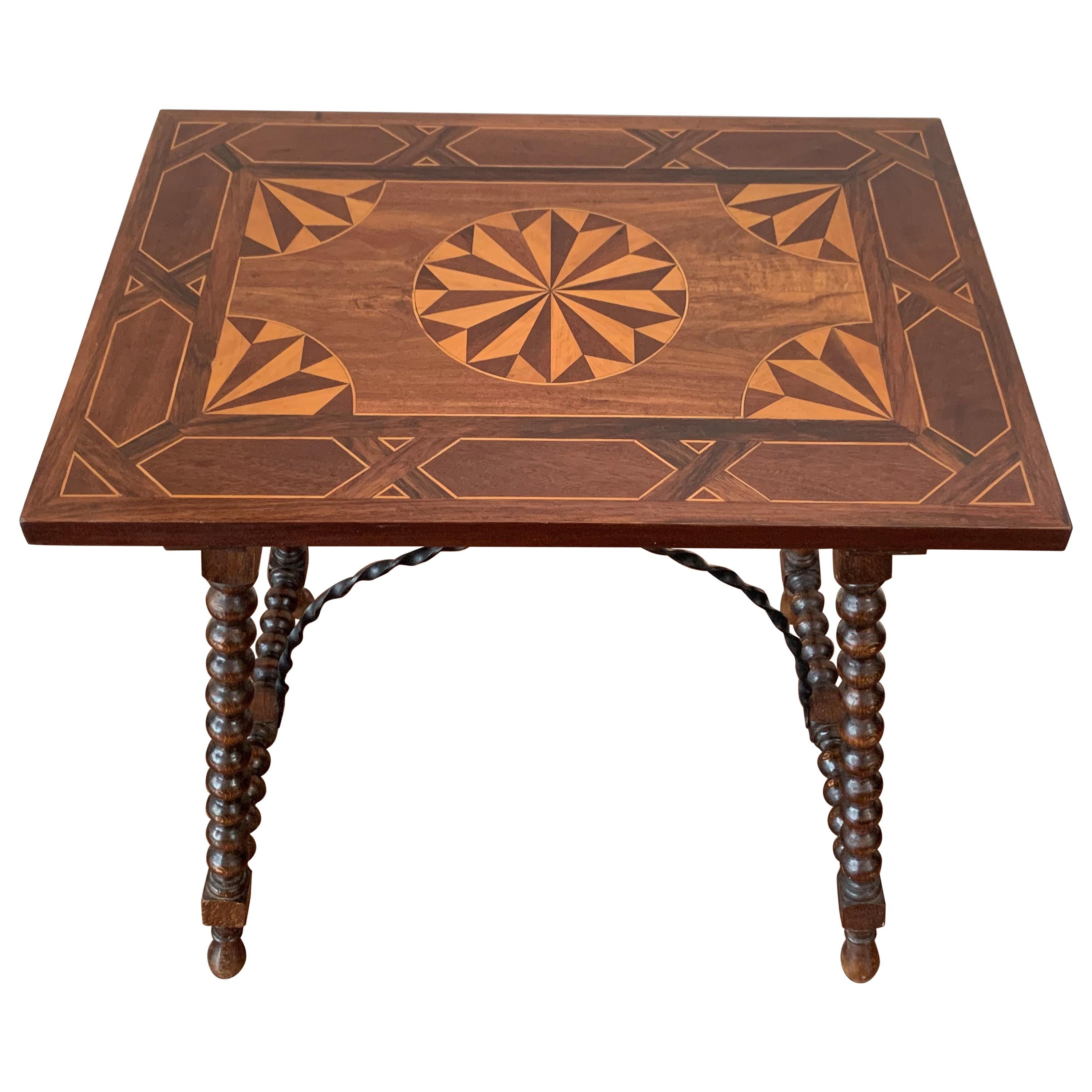 19th Century Baroque Spanish Side Table with Marquetry Top & Turned Legs