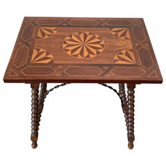 19th Century Baroque Spanish Side Table with Marquetry Top & Turned Legs