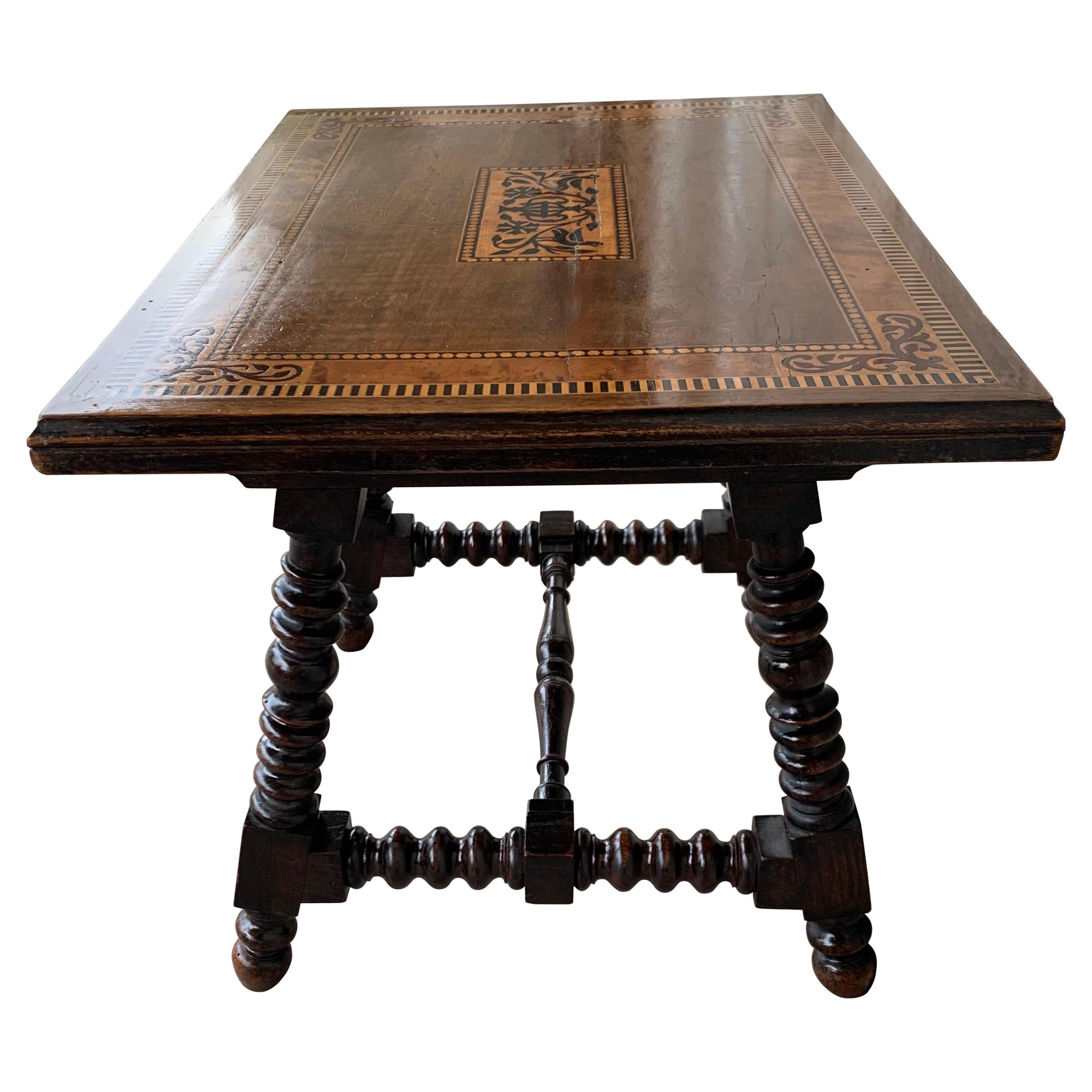 19th Century Baroque Spanish Side Table with Marquetry Top & Turned Legs For Sale