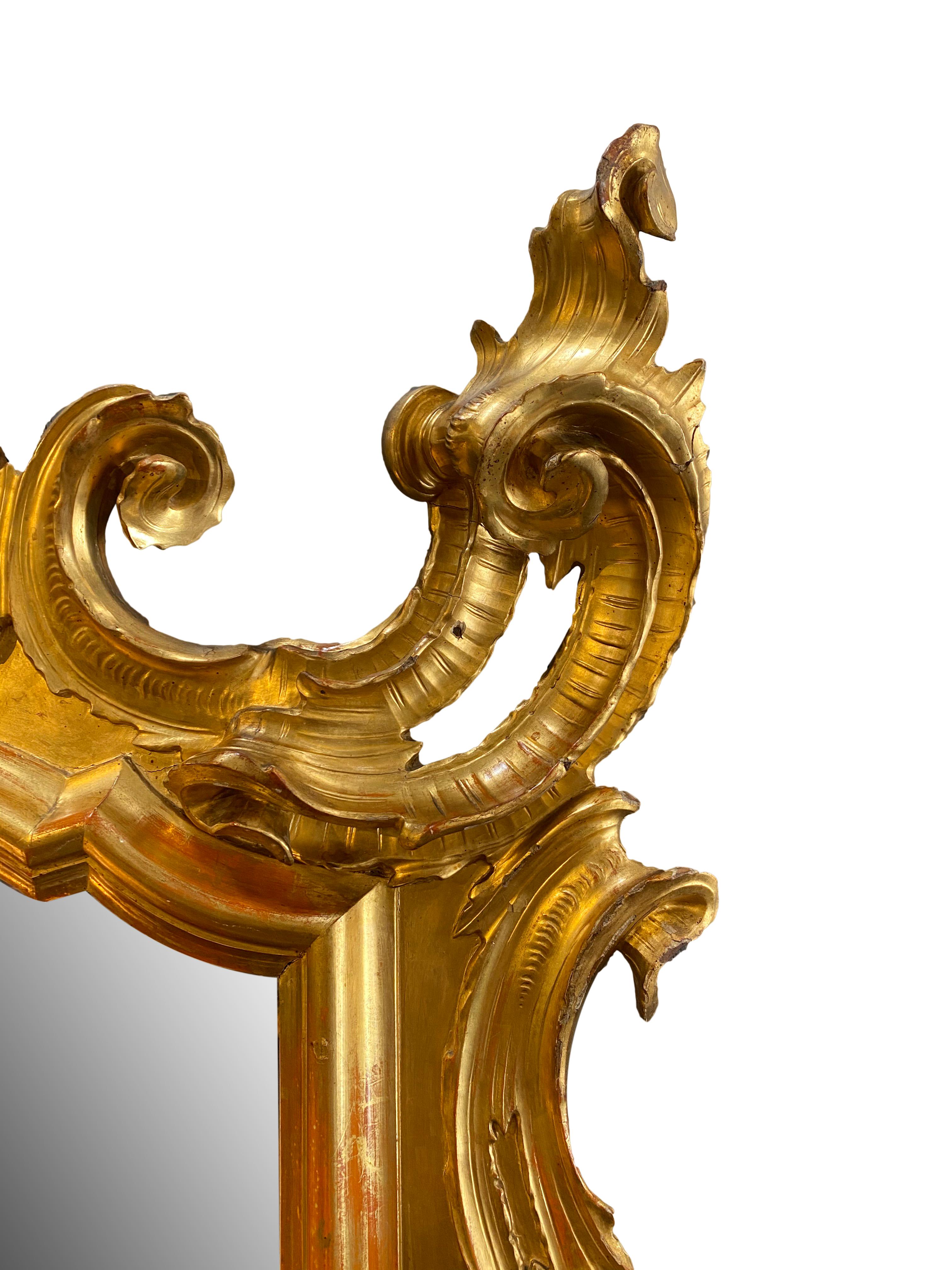 XIXe siècle Miroir de style baroque du 19ème siècle sculpté et doré en or de Lombardo Veneto, vers 1810 en vente