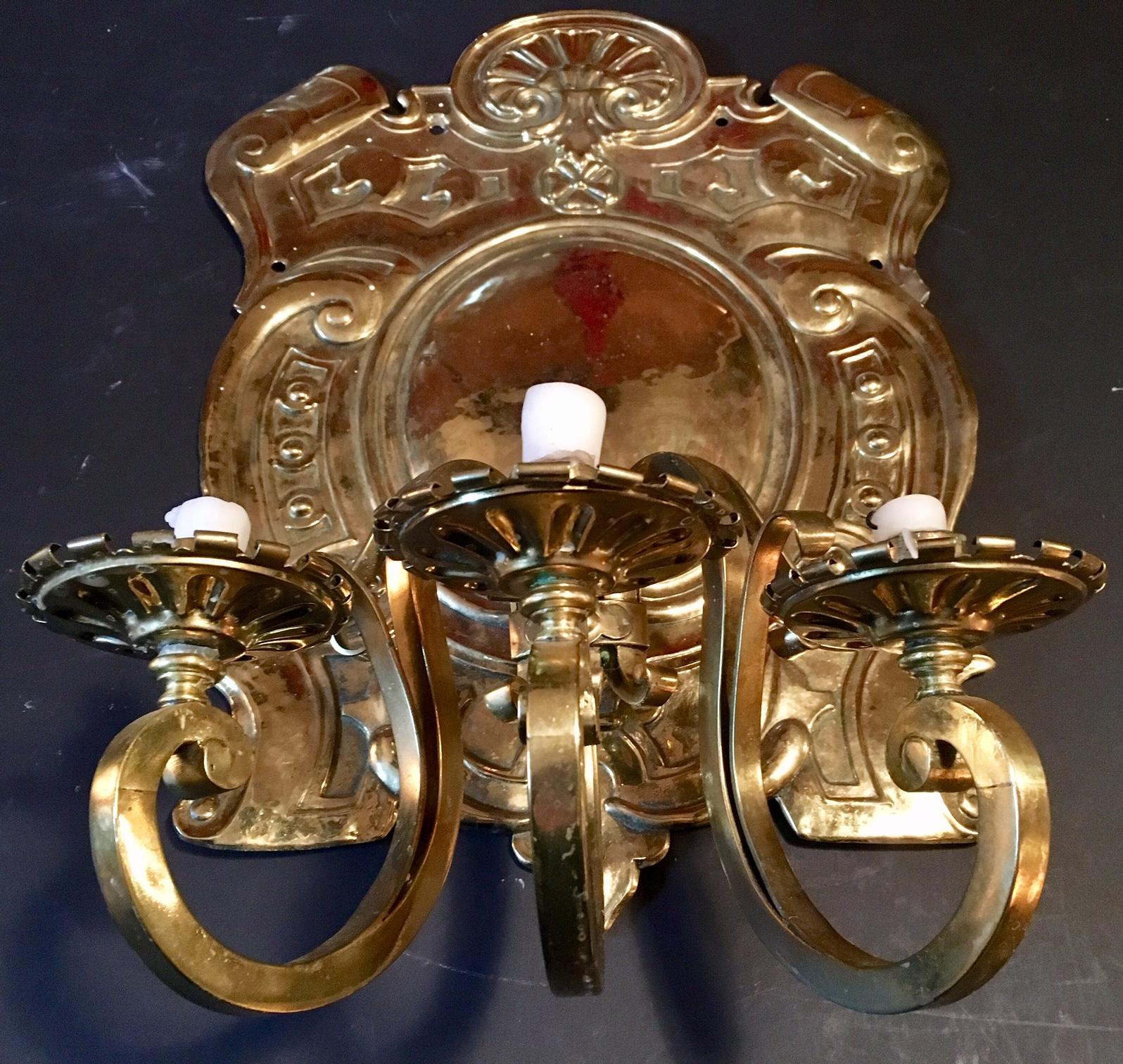 19th Century Baroque Style Large Brass Three-Light Swedish Wall Sconce For Sale 5