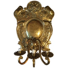 Antique 19th Century Baroque Style Large Brass Three-Light Swedish Wall Sconce