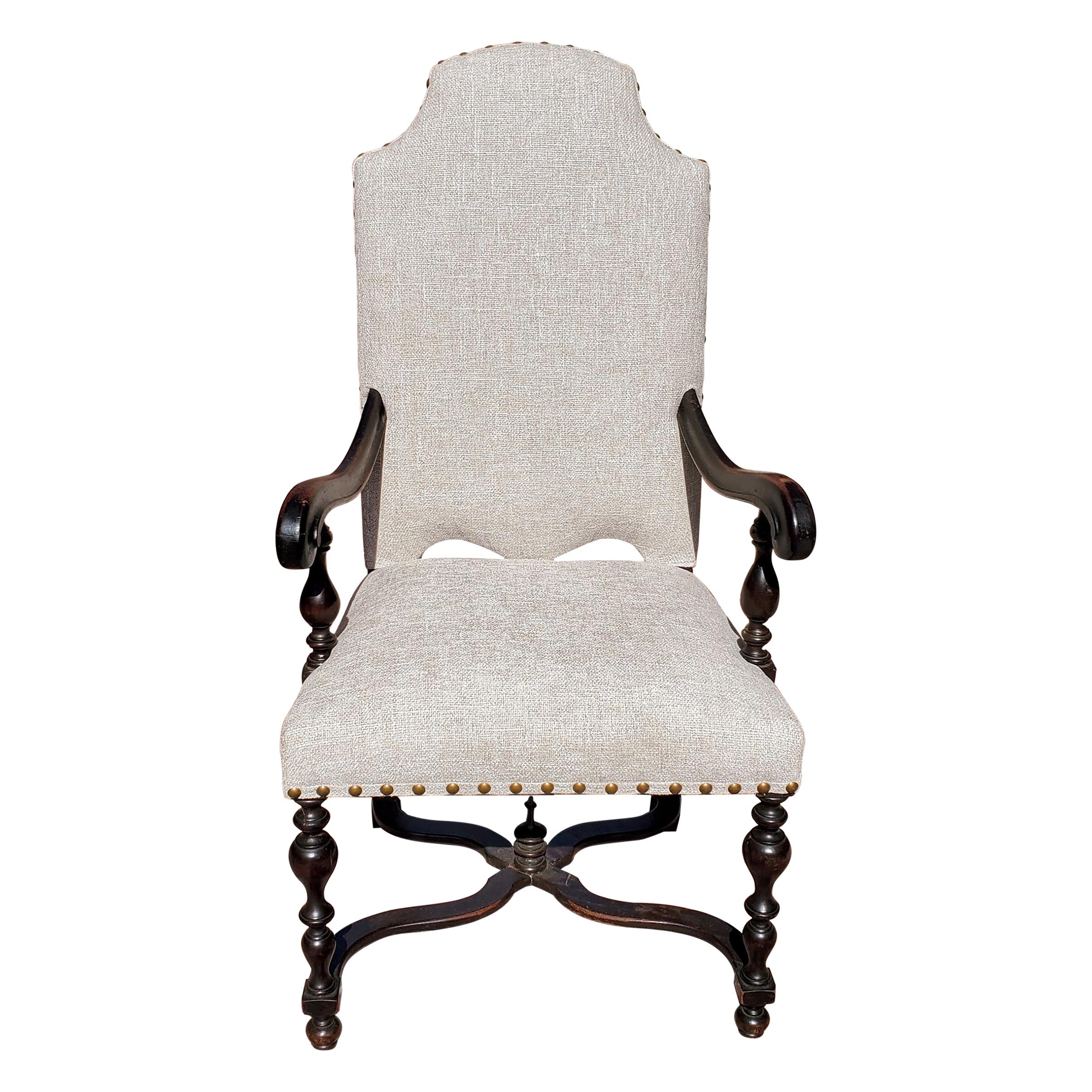 19th Century Baroque Style Walnut Armchair Upholstered in Taupe Chenille Fabric