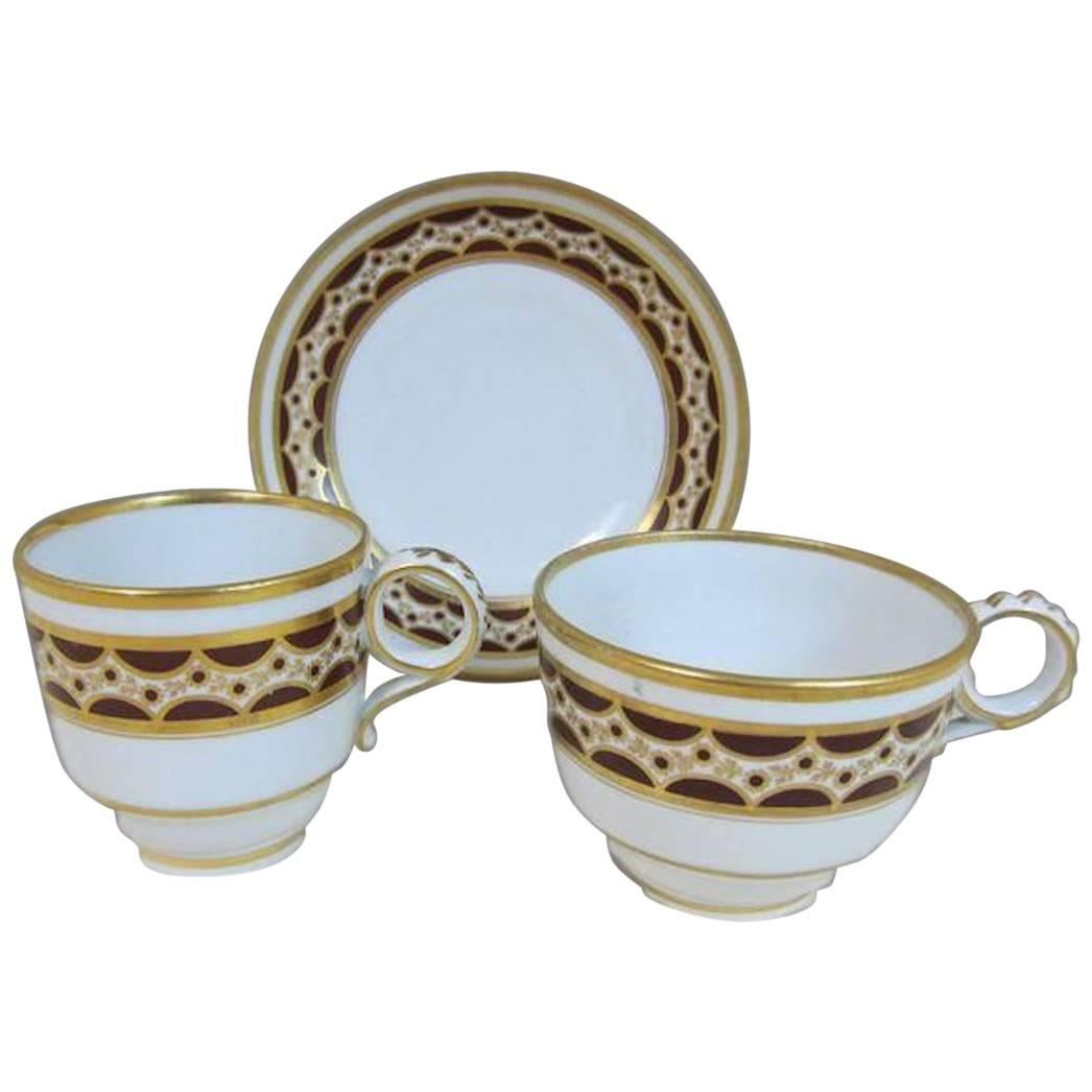 19th Century Barr Worcester Porcelain Chocolate Brown Gilt Cup Plate Trio For Sale