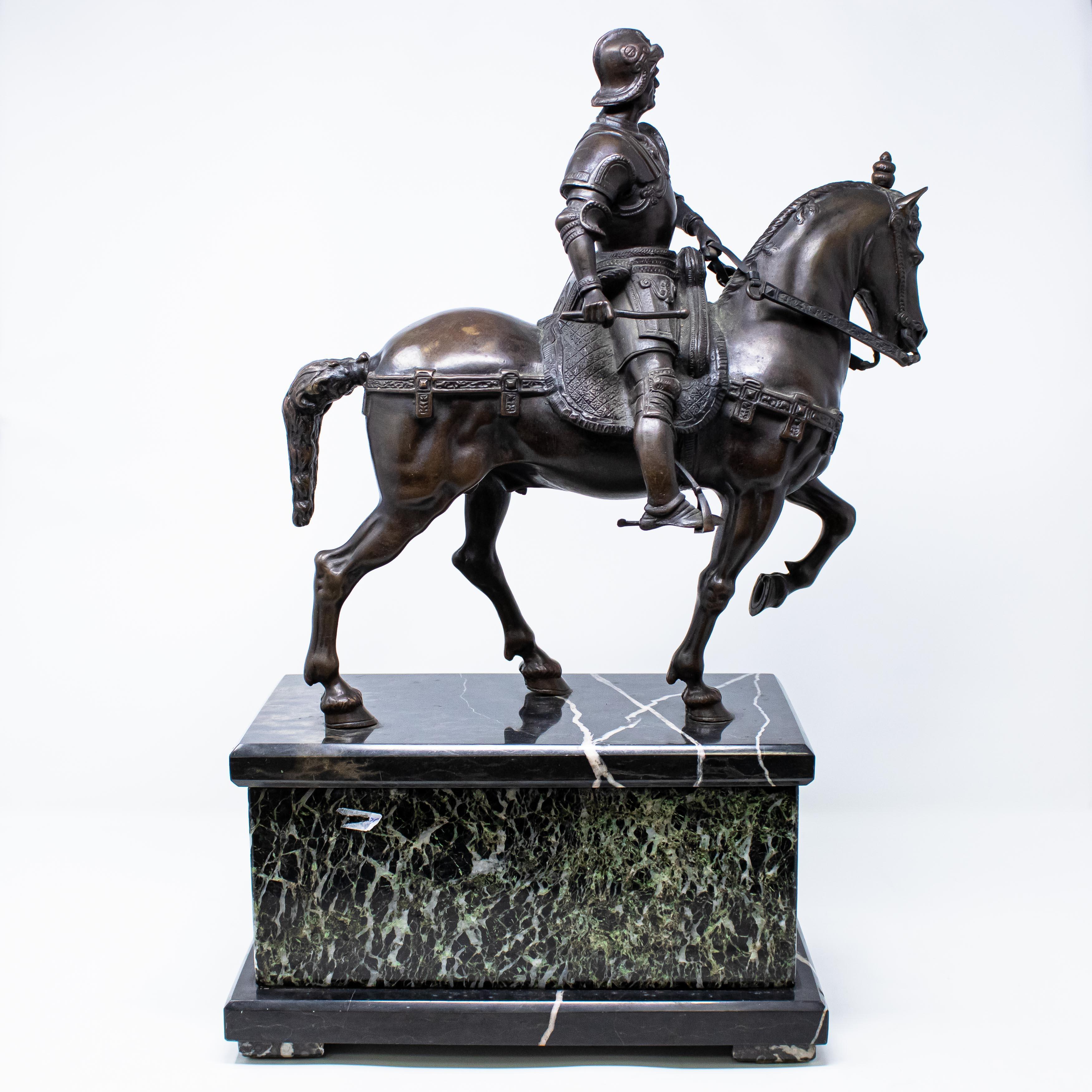 19th century
Equestrian sculpture by Bartolomeo Colleoni
Bronze and green breccia base, 50 x 33 x 16.5 cm

The work in question is a reproduction of the famous equestrian monument executed by Andrea del Verrocchio for Campo San Zanipolo in