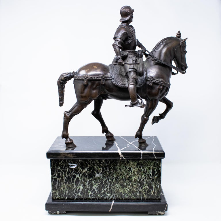 19th century
Equestrian sculpture by Bartolomeo Colleoni
Bronze and green breccia base, 50 x 33 x 16.5 cm

The work in question is a reproduction of the famous equestrian monument executed by Andrea del Verrocchio for Campo San Zanipolo in