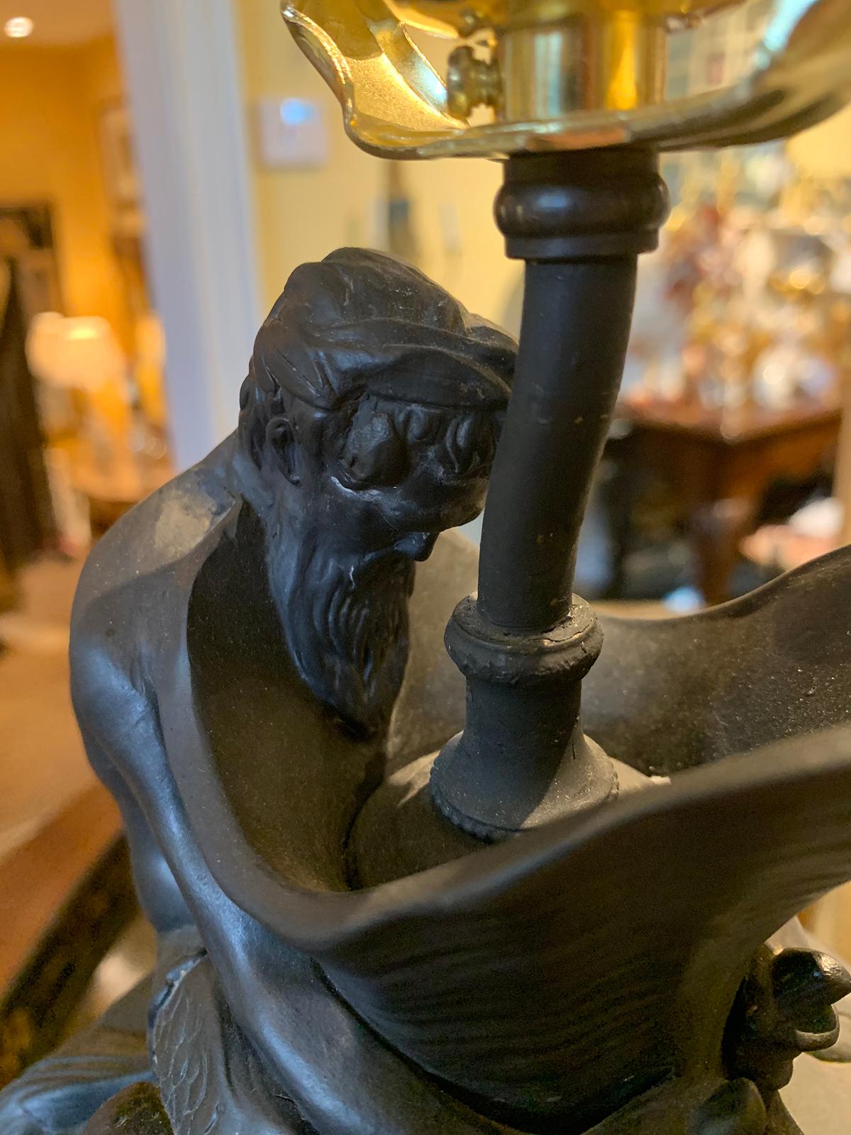 19th Century Basalt Ewer with Figural Man as Lamp, Attributed to Wedgwood In Good Condition For Sale In Atlanta, GA