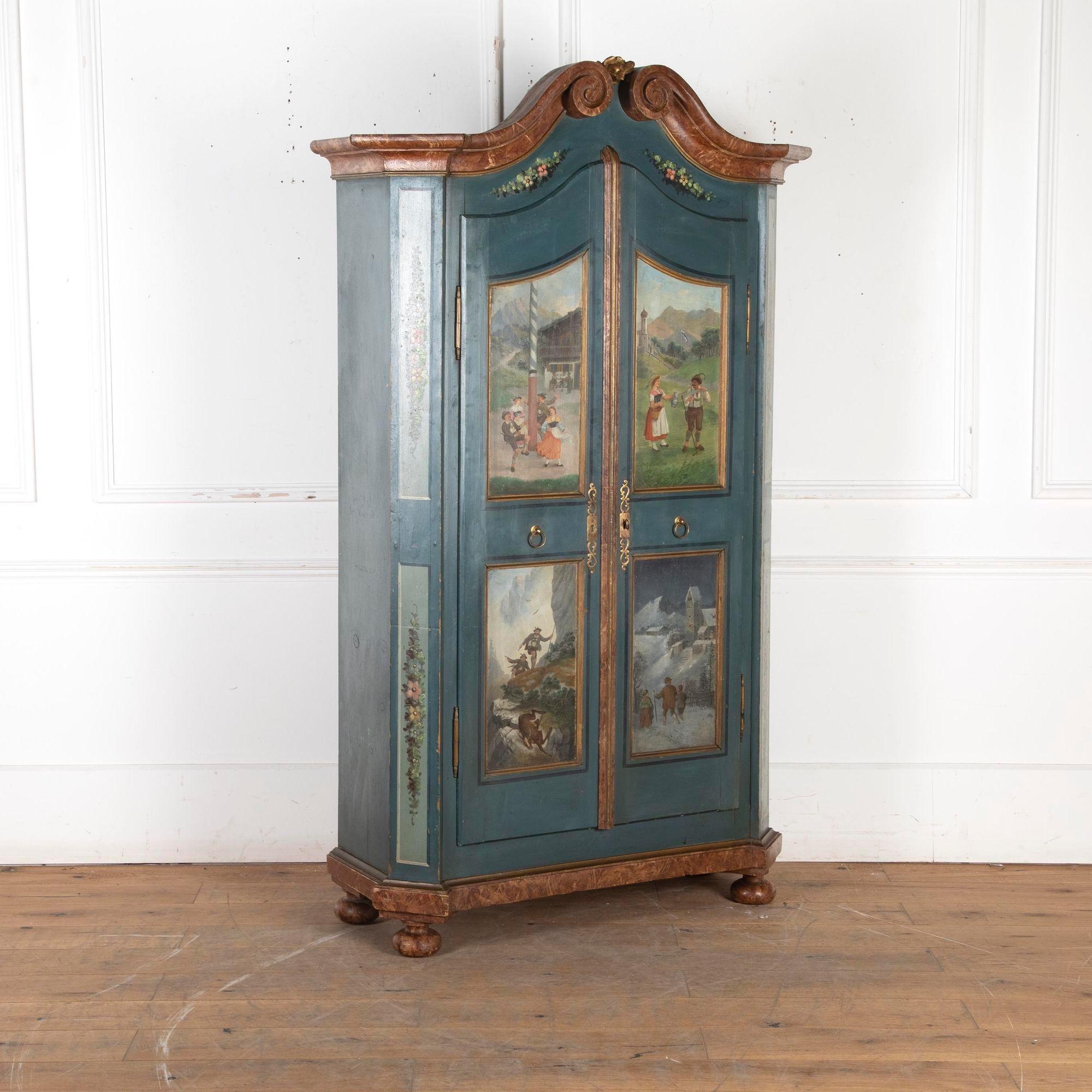 19th Century Bavarian folk painted the ‘four seasons’ cupboard.
All original painted and gilt finish, with beautiful hand-painted panels of Spring, summer, autumn, and winter.
The whole is fitted inside with shelves.