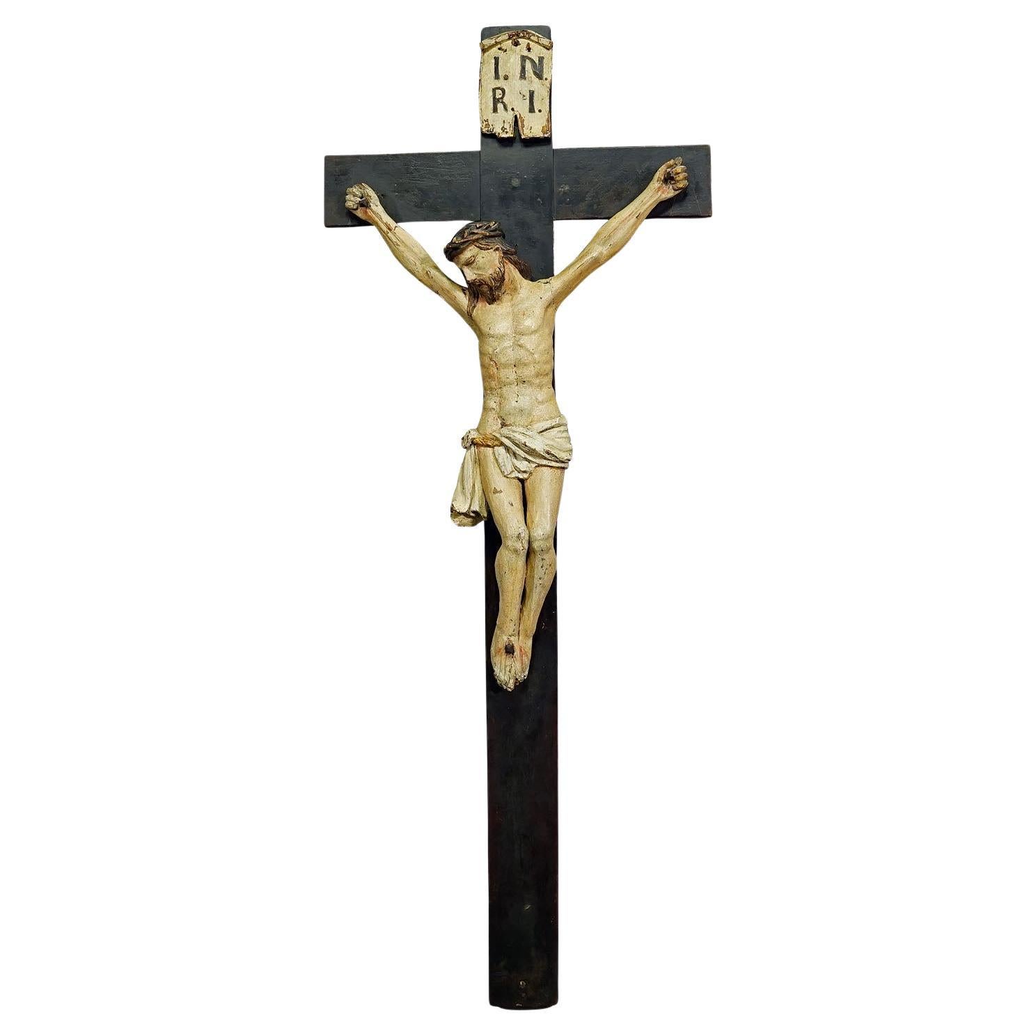 19th Century Bavarian Wooden Carved Crucifix For Sale