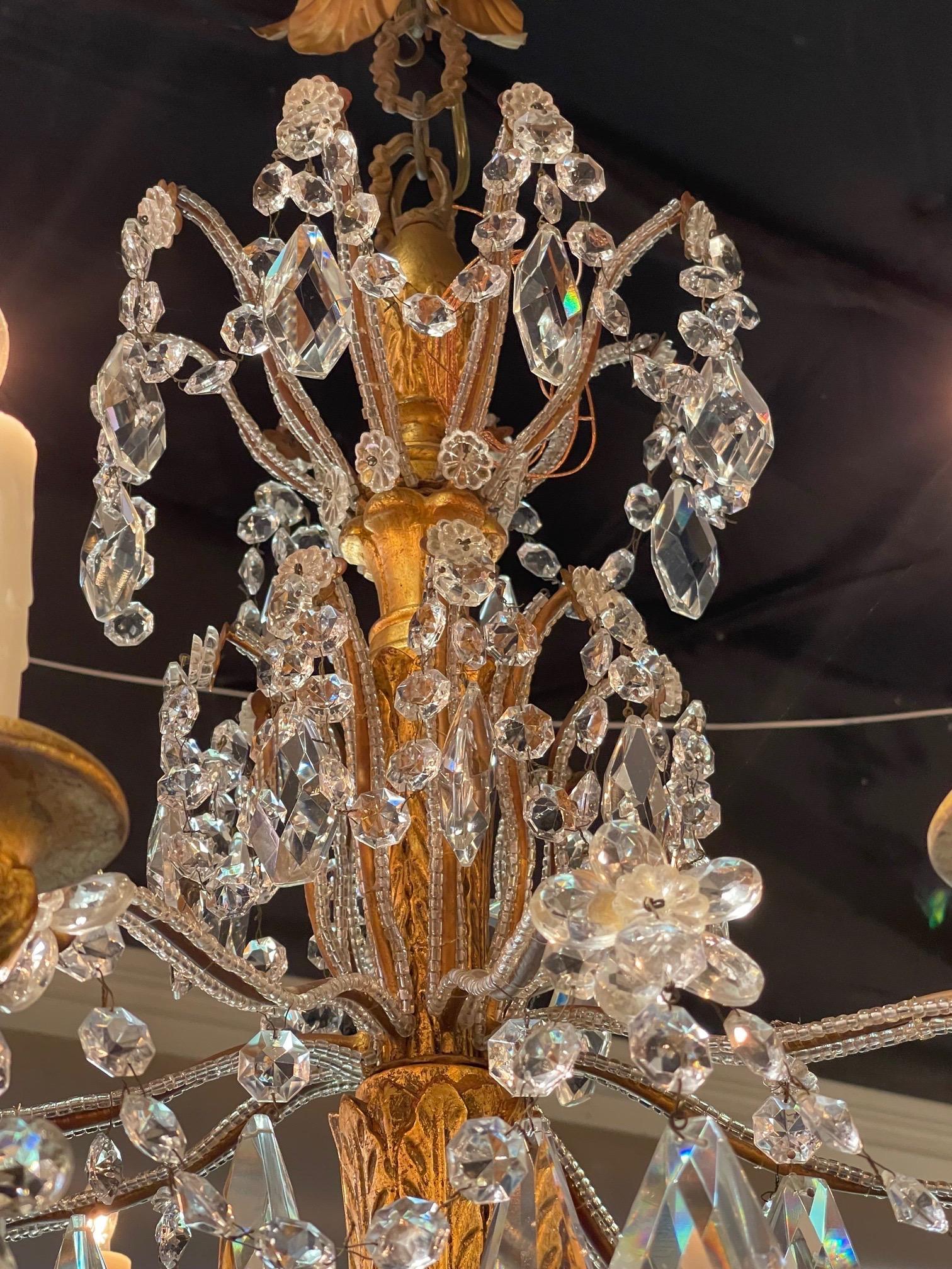 Italian 19th Century Beaded Crystal and Giltwood 8 Light Chandelier For Sale